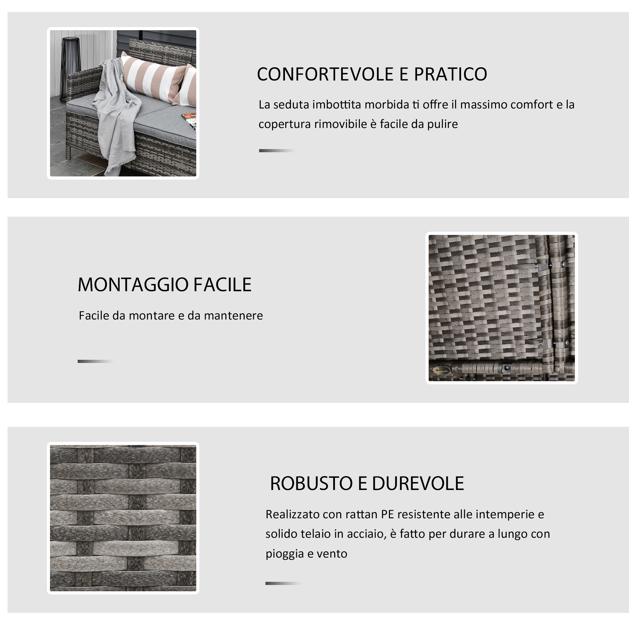 Un divano in rattan grigio con cuscini e coperta su un patio.