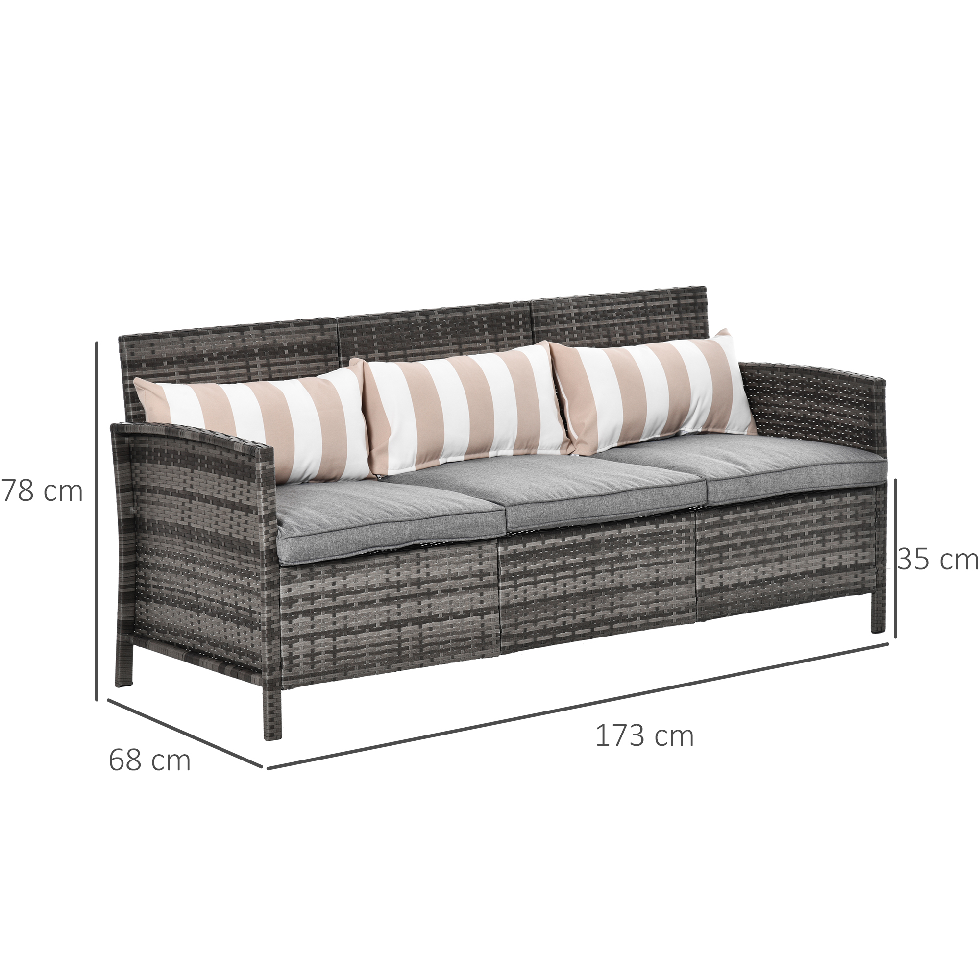 Divano in rattan grigio con tre cuscini, dimensioni 173x68x78cm.