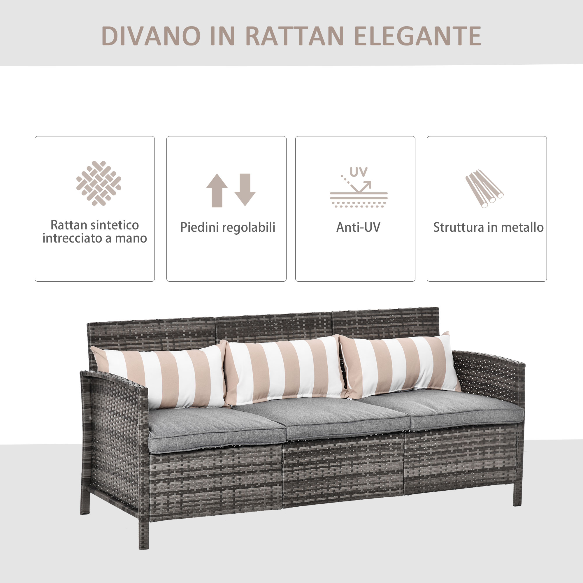Divano in rattan grigio con cuscini a righe beige e piedini regolabili.