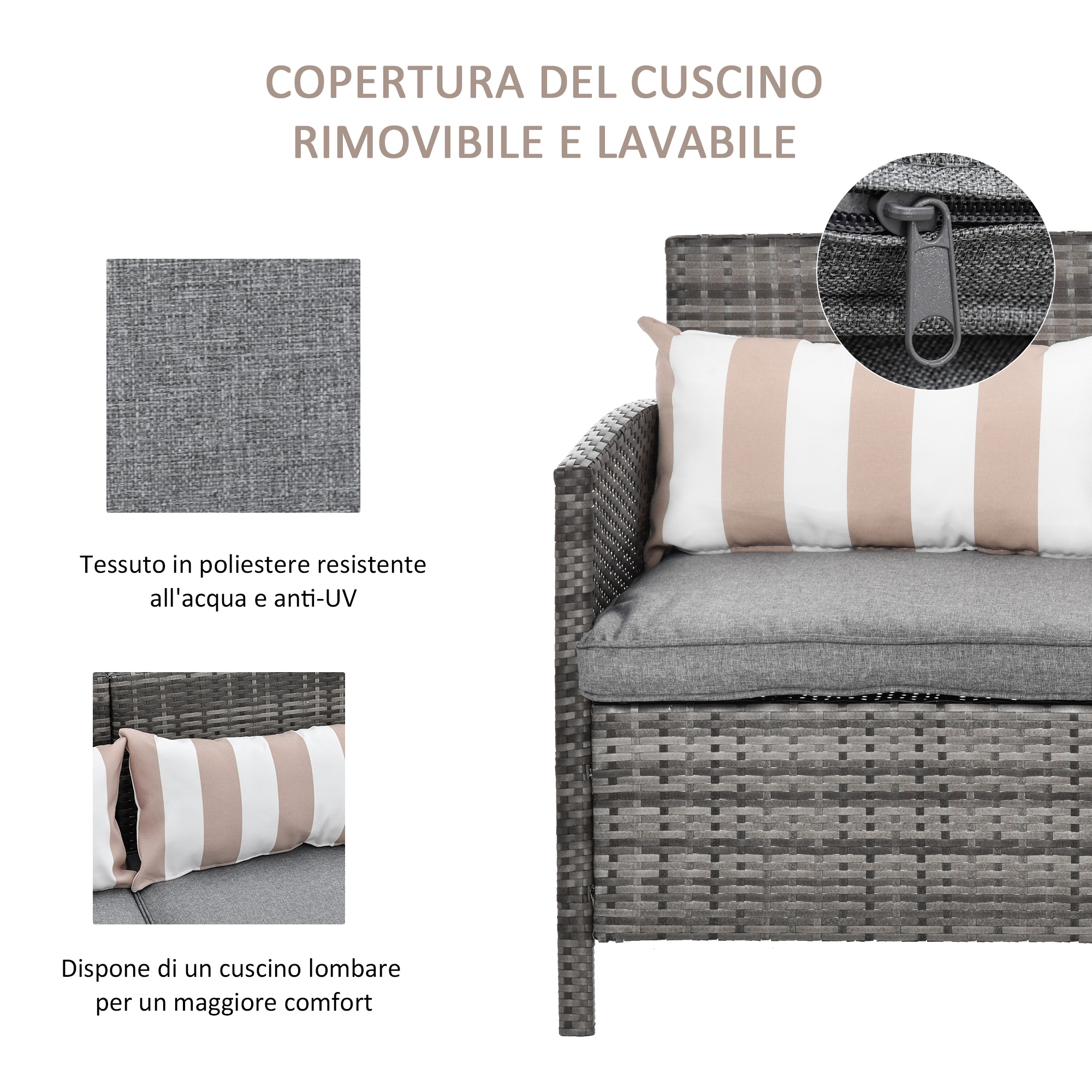 Cuscino da esterno grigio con righe beige e bianche e zip.