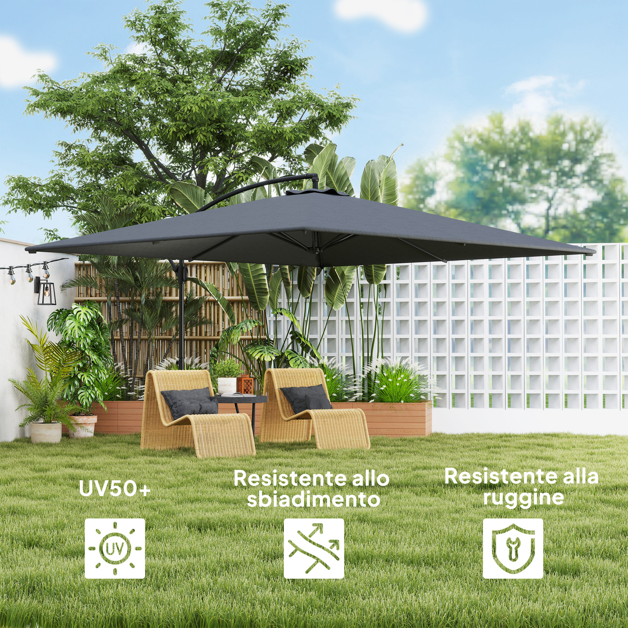 Arredo esterno con ombrellone, sedie e piante. UV50+.