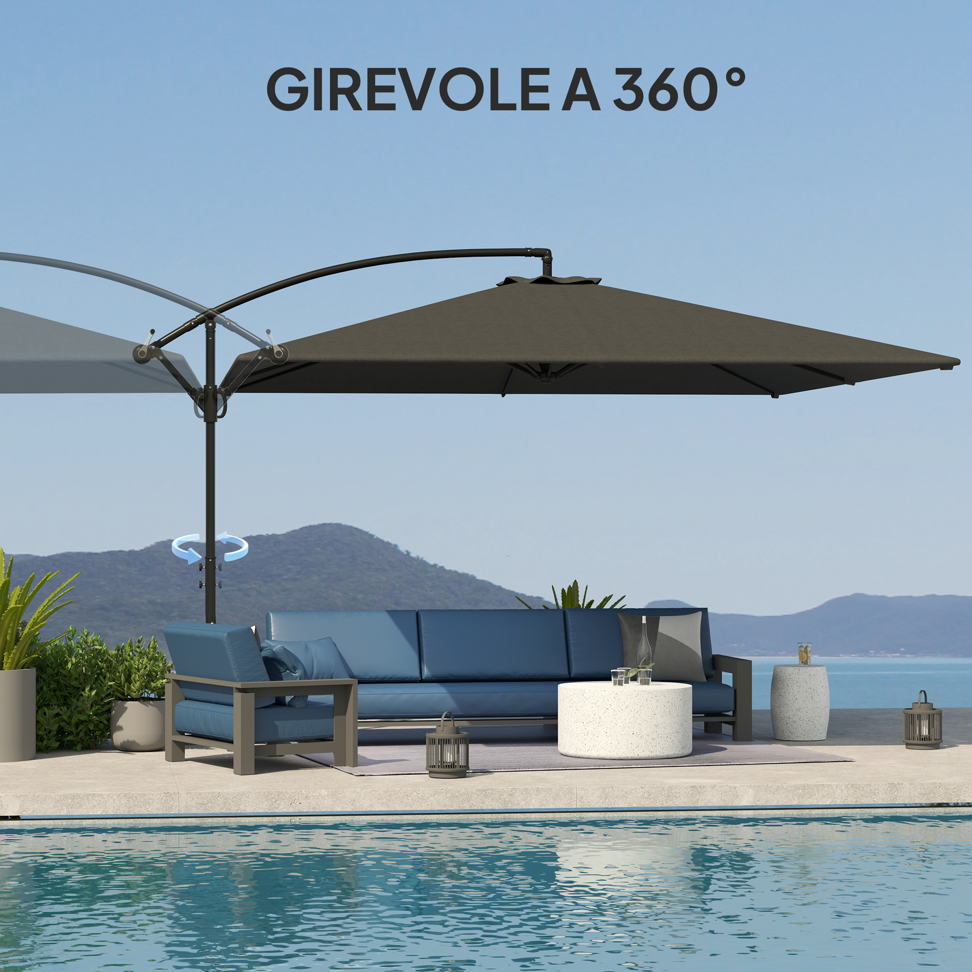 Un grande ombrellone da esterno su divano e poltrona blu vicino a una piscina.