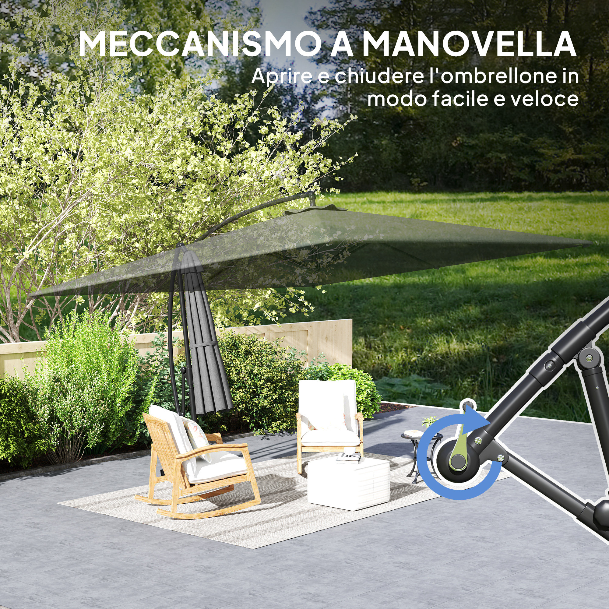 Terrazza esterna con grande ombrellone, sedie e tavolino.