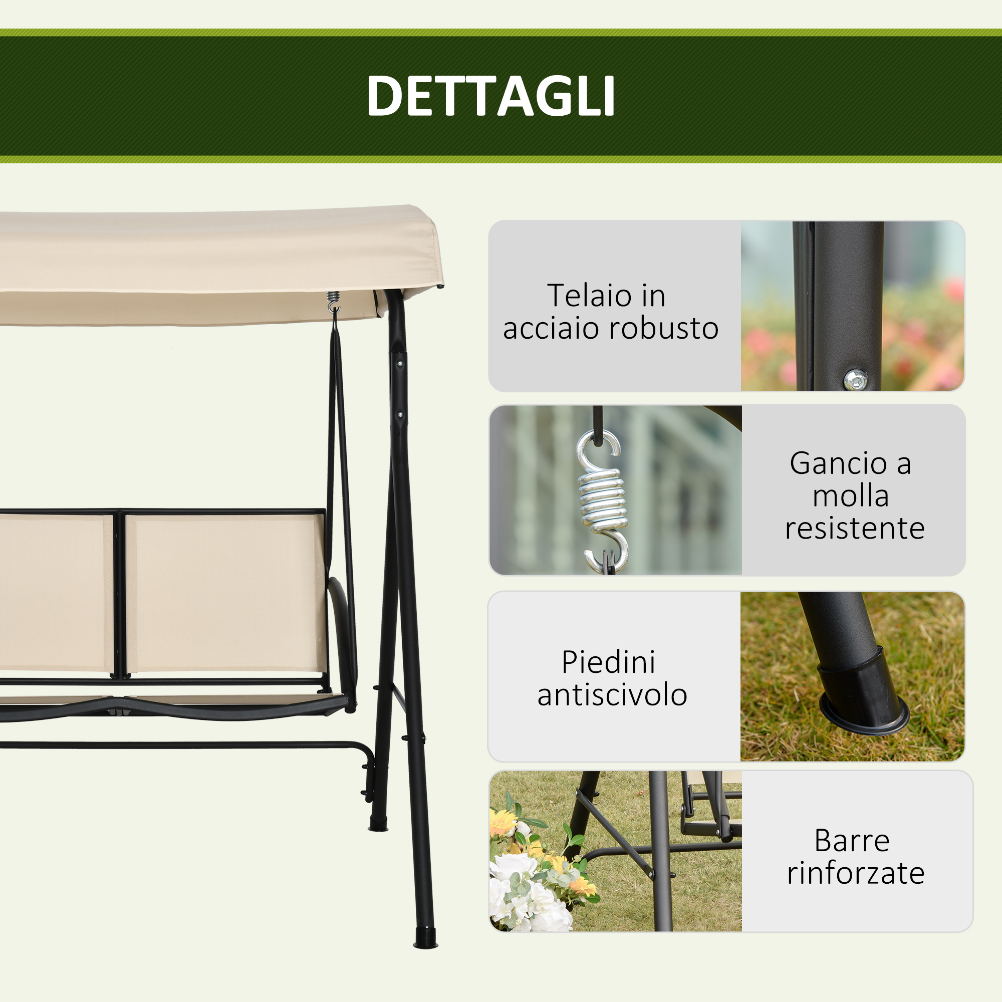Un sedile a dondolo beige con telaio in metallo nero, molle e dettagli.