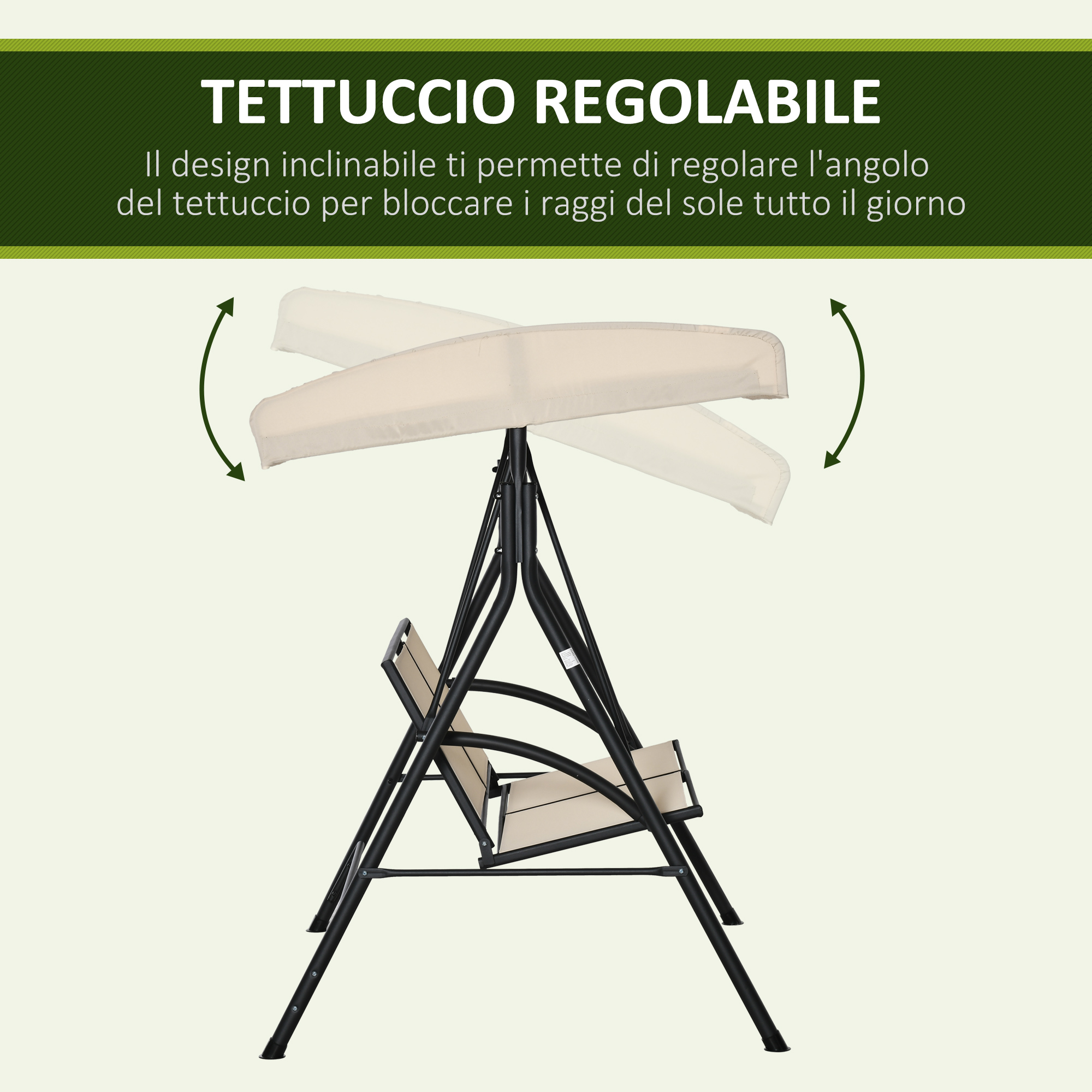 Tettuccio regolabile su un'altalena nera con seduta beige.