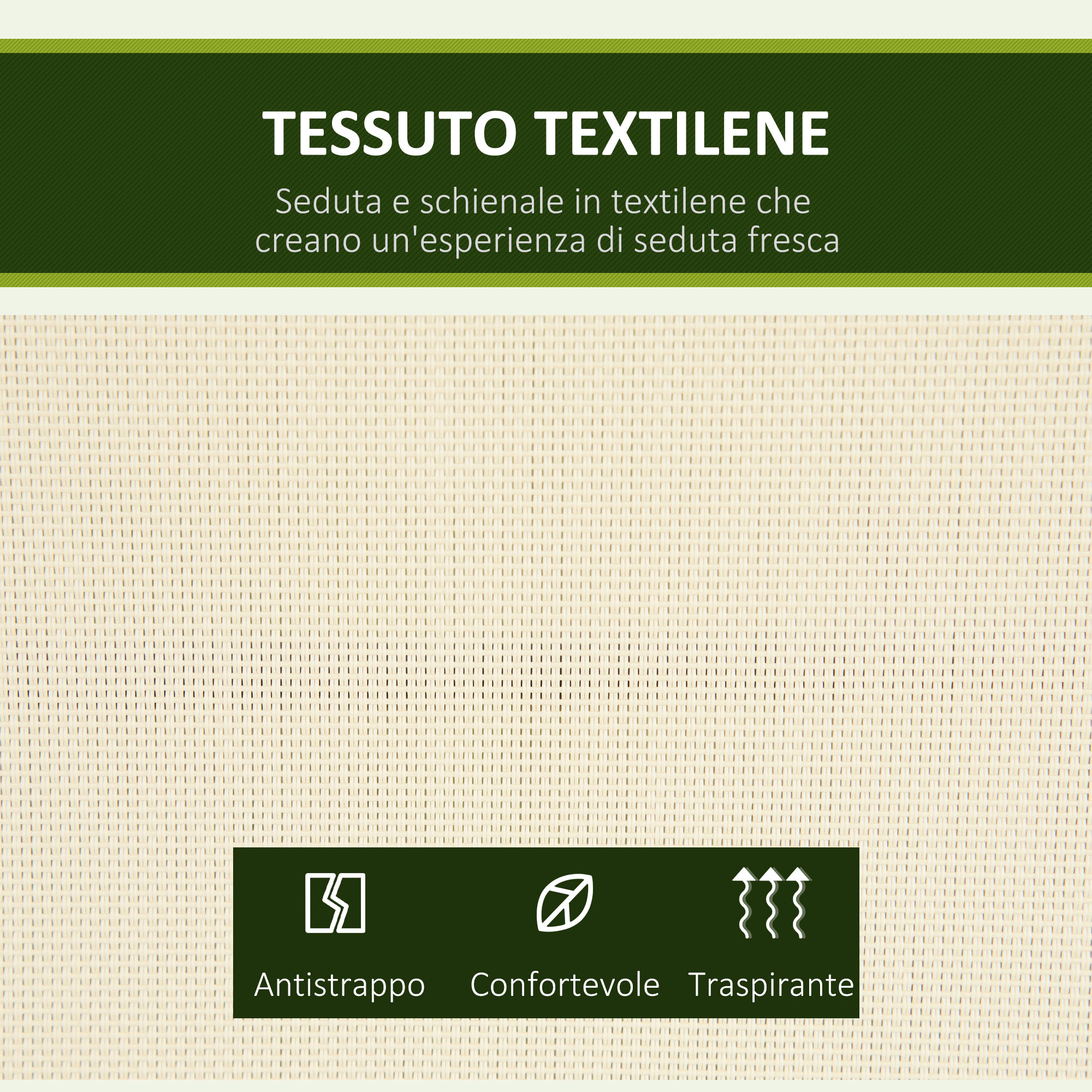 Tessuto textilene beige con icone di antistrappo, confortevole e traspirante.