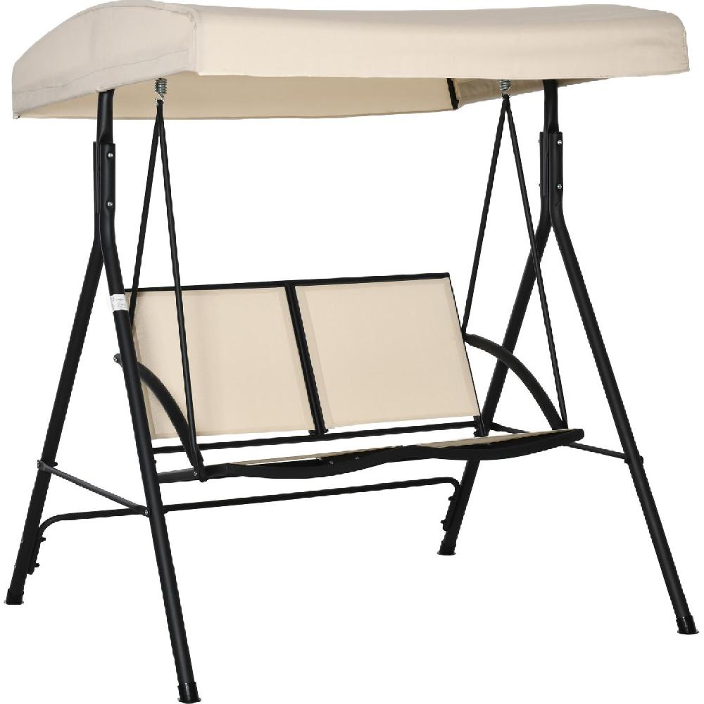 Un'altalena beige con baldacchino e telaio in metallo nero.