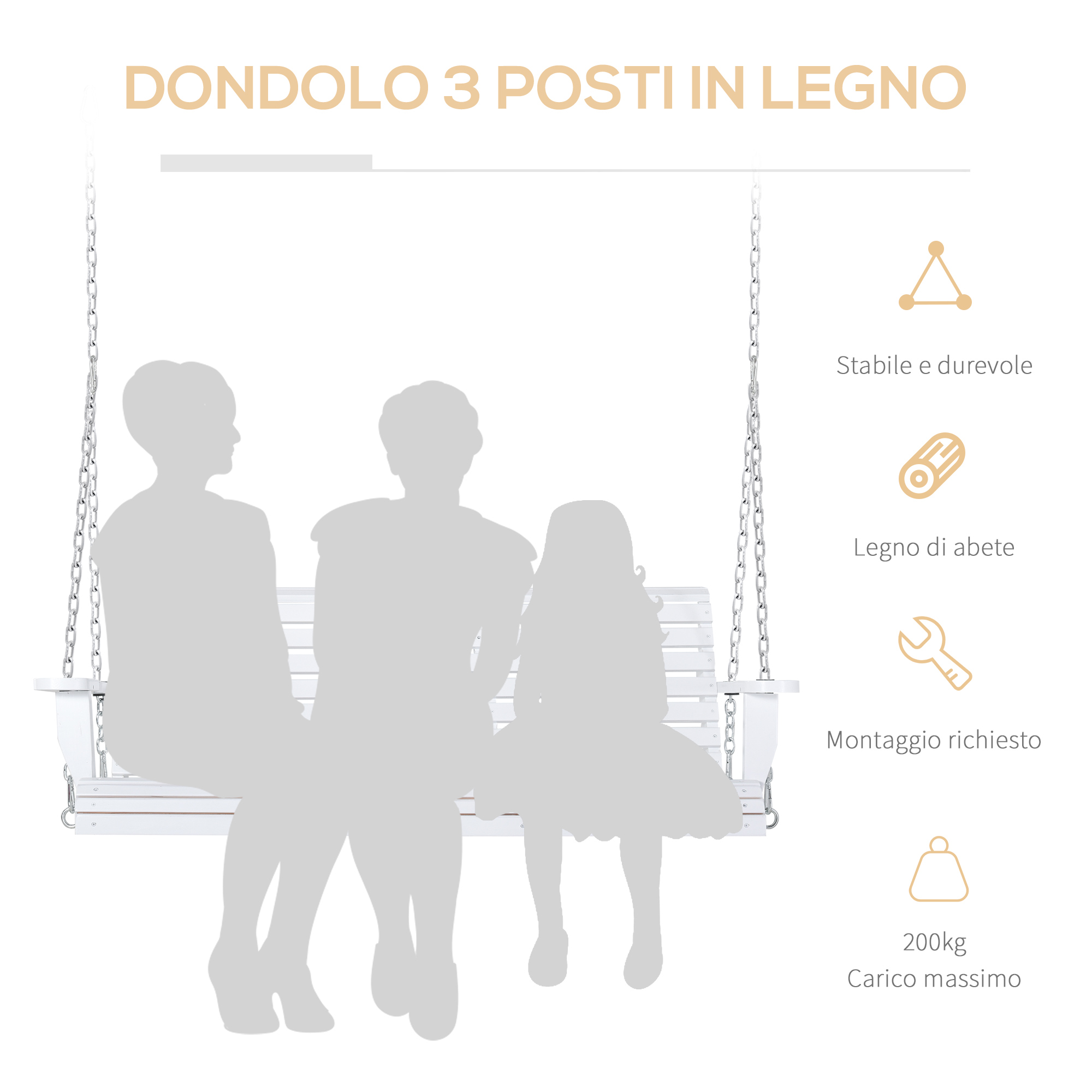 Dondolo in legno a 3 posti con silhouette di tre persone.