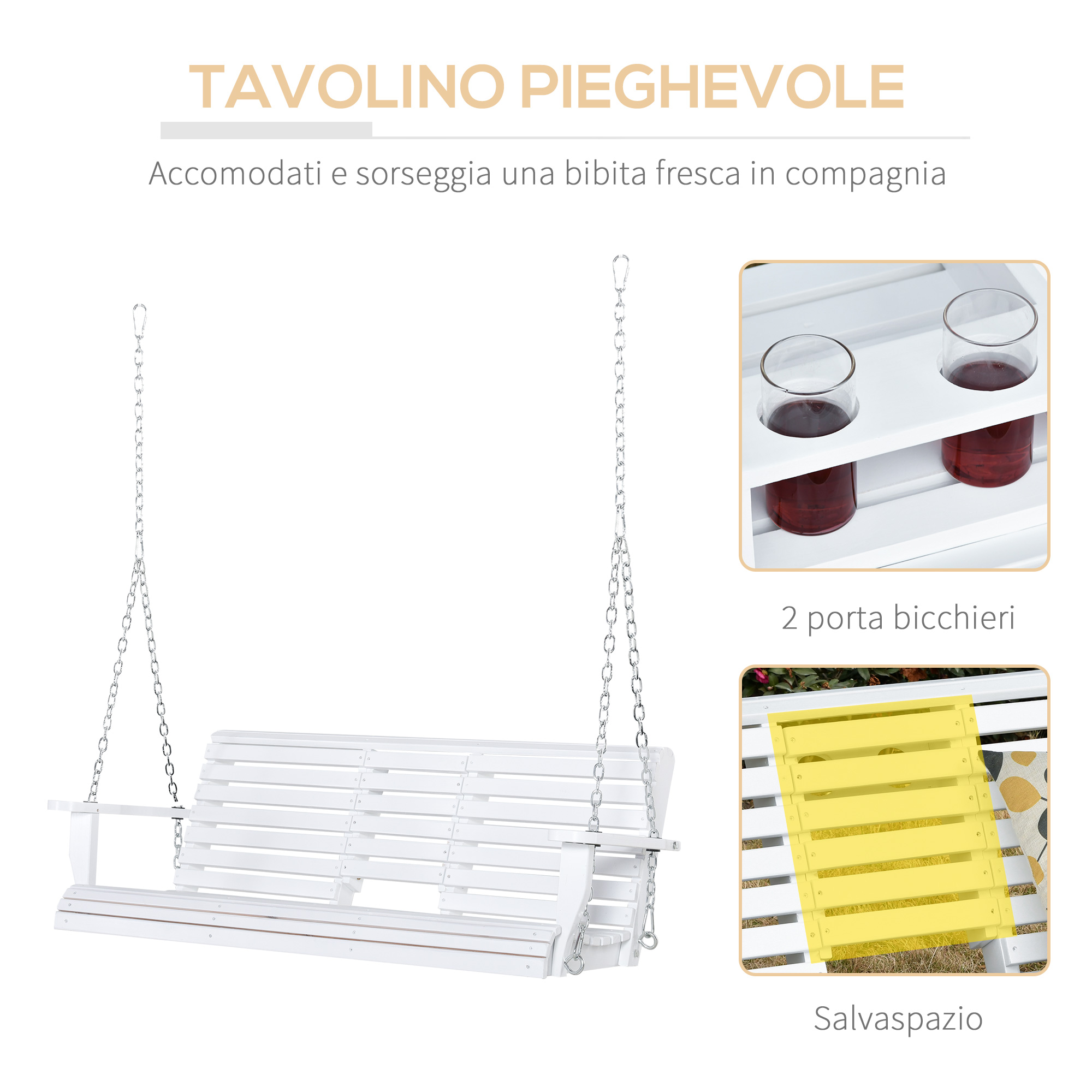 Panca a dondolo bianca con due portabicchieri e tavolino pieghevole.