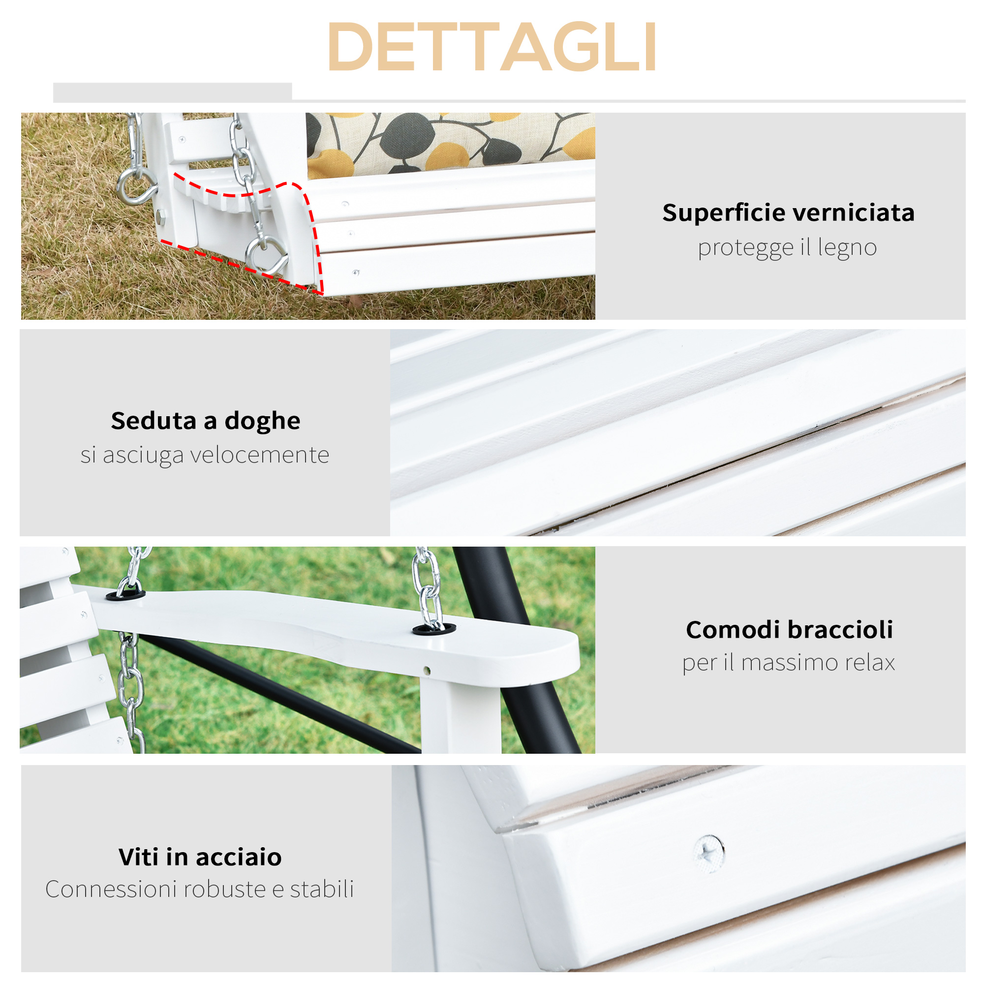 Dettagli di un sedile a dondolo bianco con sospensione a catena.