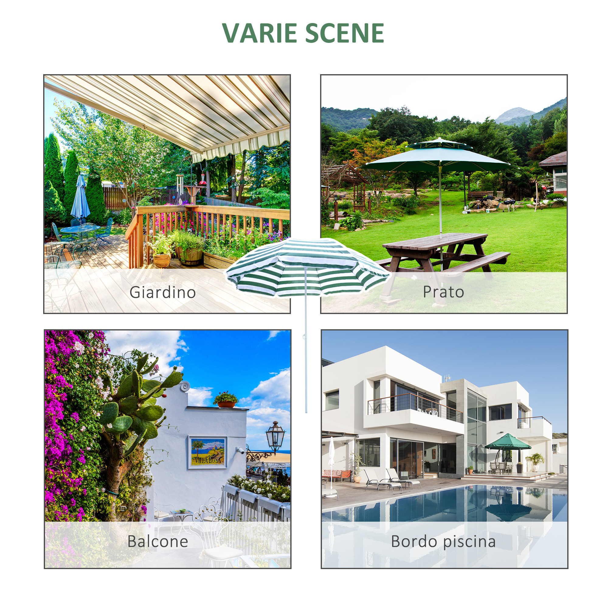 Quattro scene: giardino, prato, balcone e bordo piscina con casa moderna.