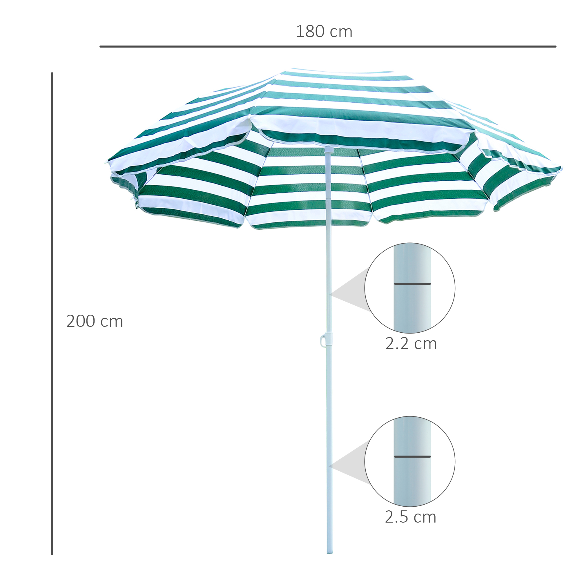Ombrellone a righe verdi e bianche, largo 180 cm, alto 200 cm.