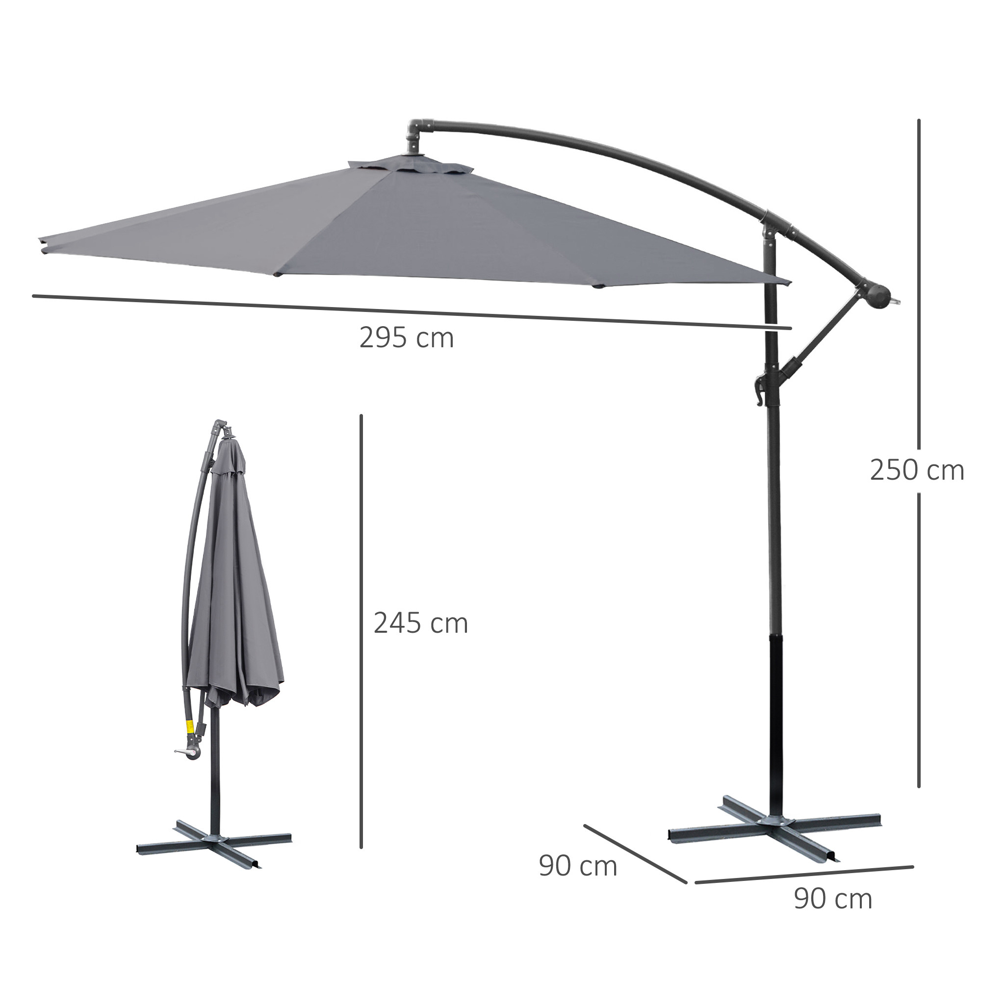Ombrellone a sbalzo grigio con base a croce. Dimensioni: 295cm larghezza, 250cm altezza, 245cm chiuso.
