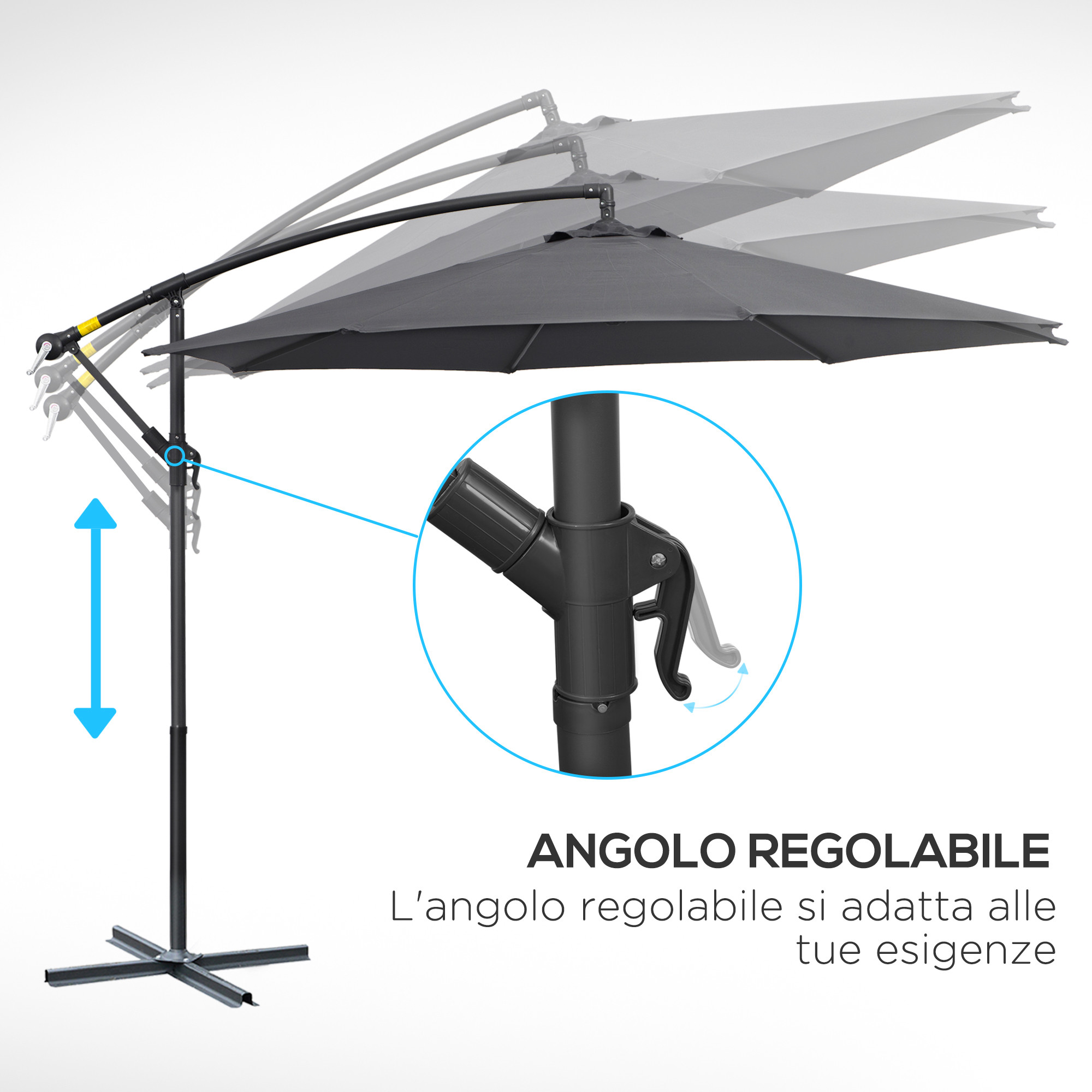 Un ombrellone grigio che mostra l'angolo regolabile e un primo piano del meccanismo.
