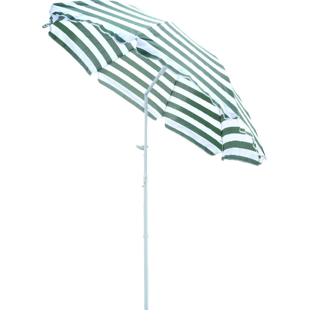 Ombrellone a righe verdi e bianche su sfondo bianco.