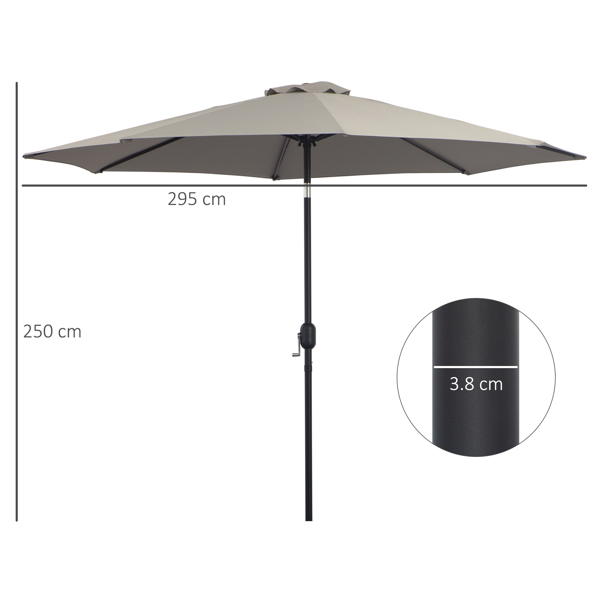 Un grande ombrellone beige con palo nero e meccanismo a manovella. Largo 295cm.