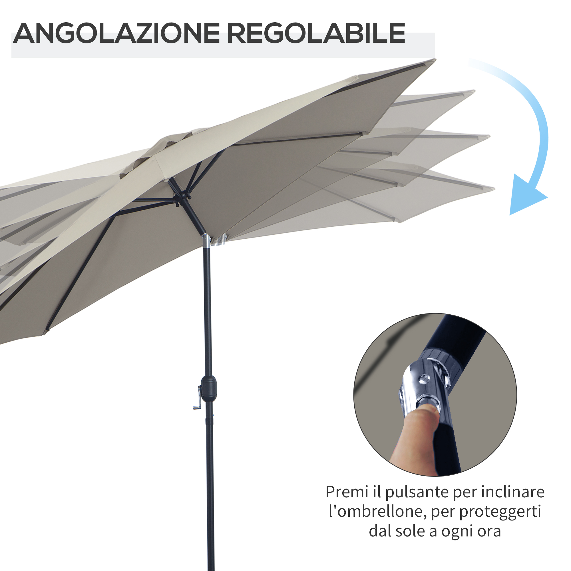 Ombrellone regolabile con meccanismo di inclinazione manuale mostrato da vicino.