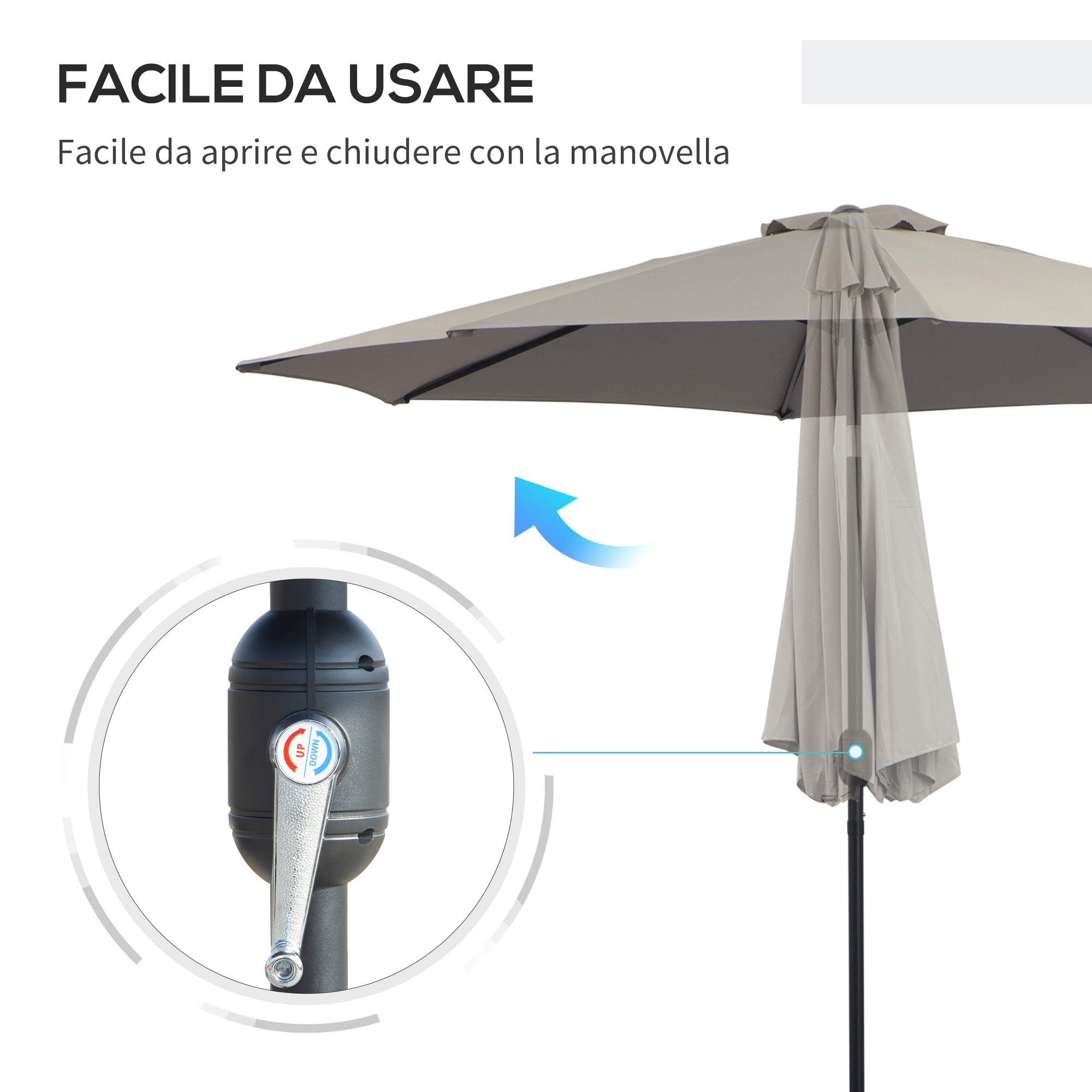 Un ombrellone grigio con meccanismo a manovella, facile da aprire e chiudere.