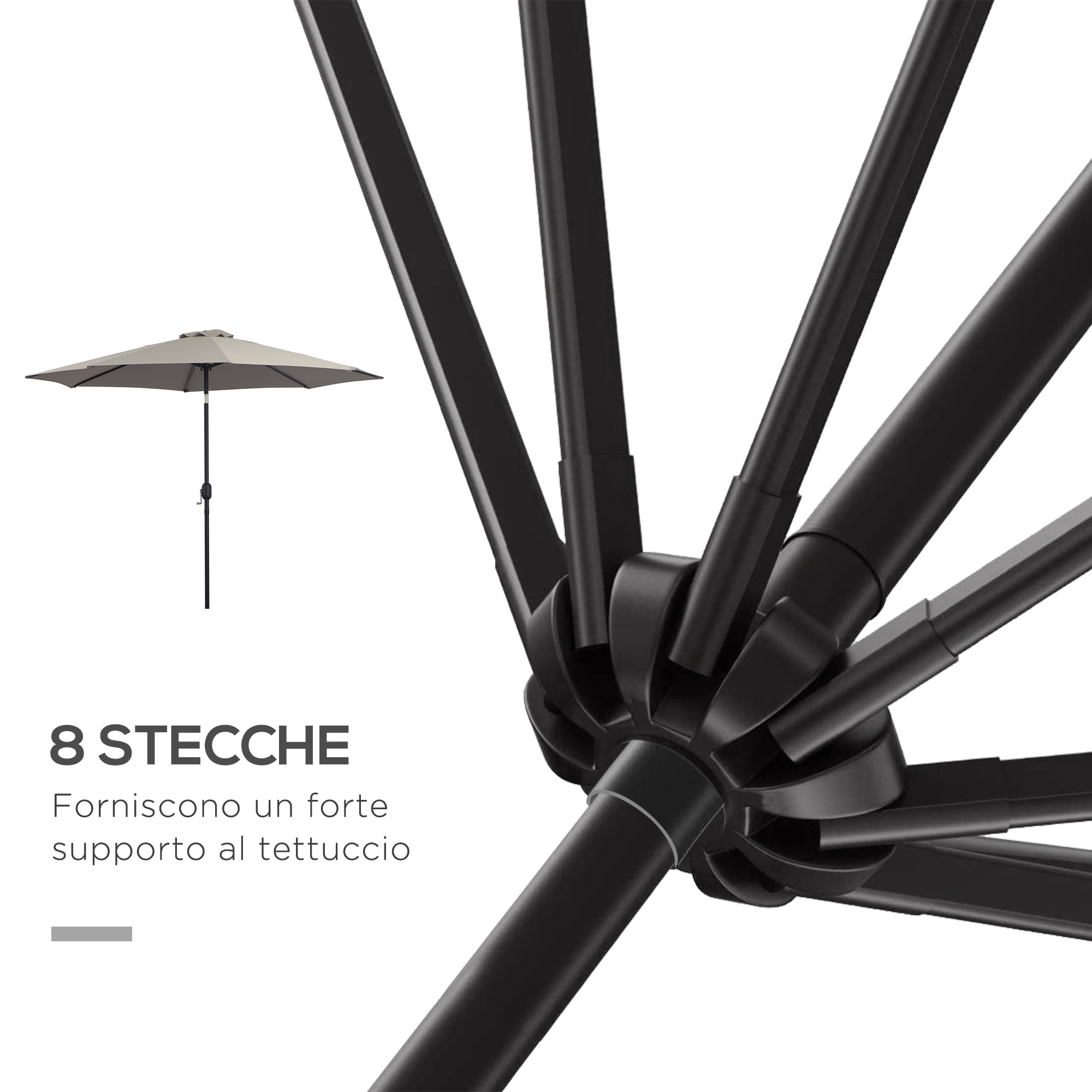 Un ombrellone beige con struttura nera su sfondo bianco.