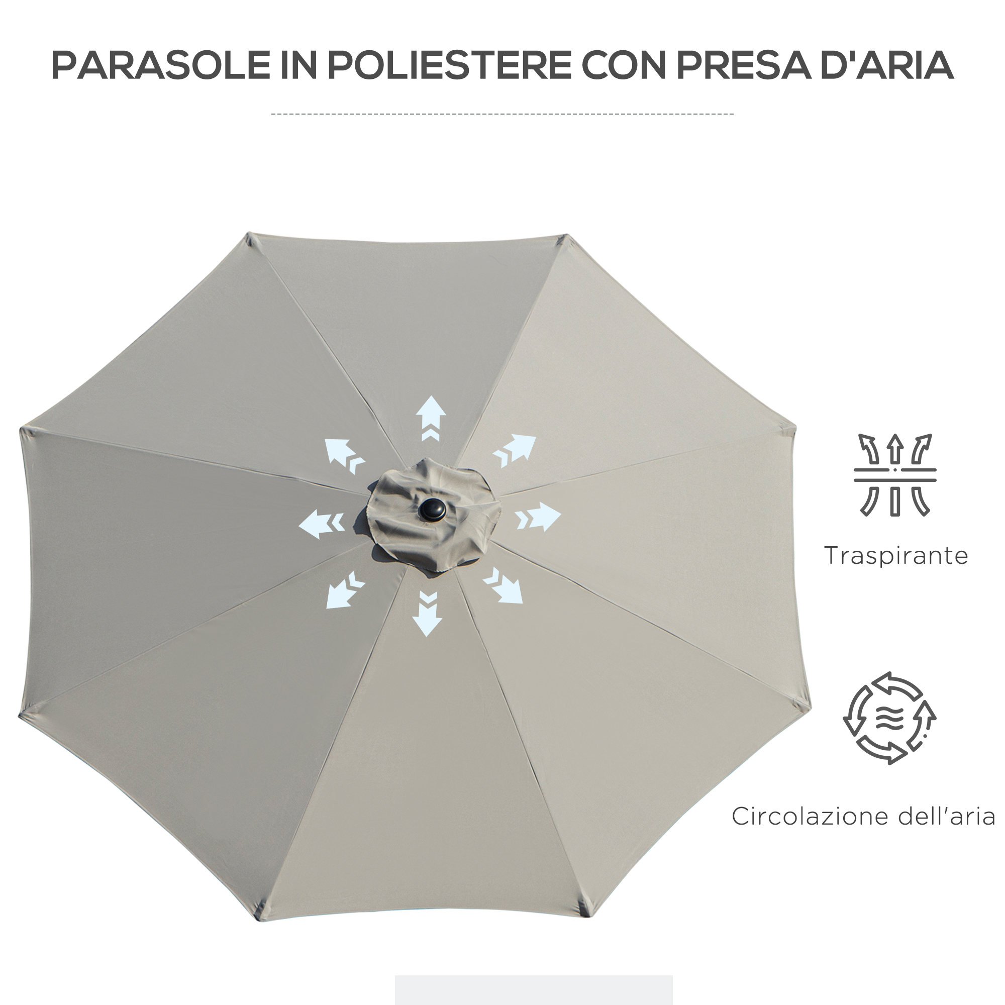 Ombrellone grigio con prese d'aria e frecce che indicano la circolazione dell'aria.