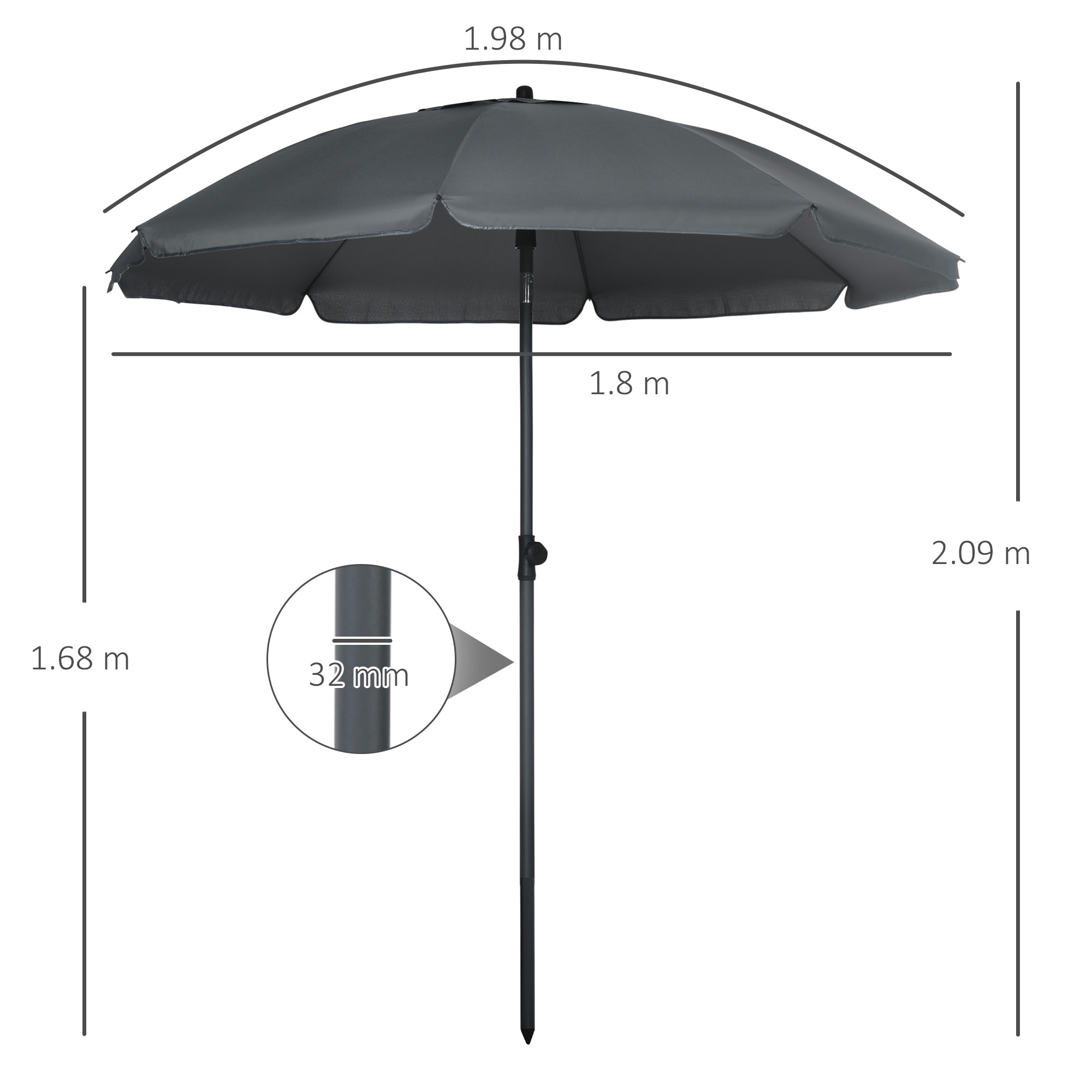 Un ombrello grigio scuro con dimensioni: 1,98m baldacchino, 1,8m larghezza, 2,09m altezza.