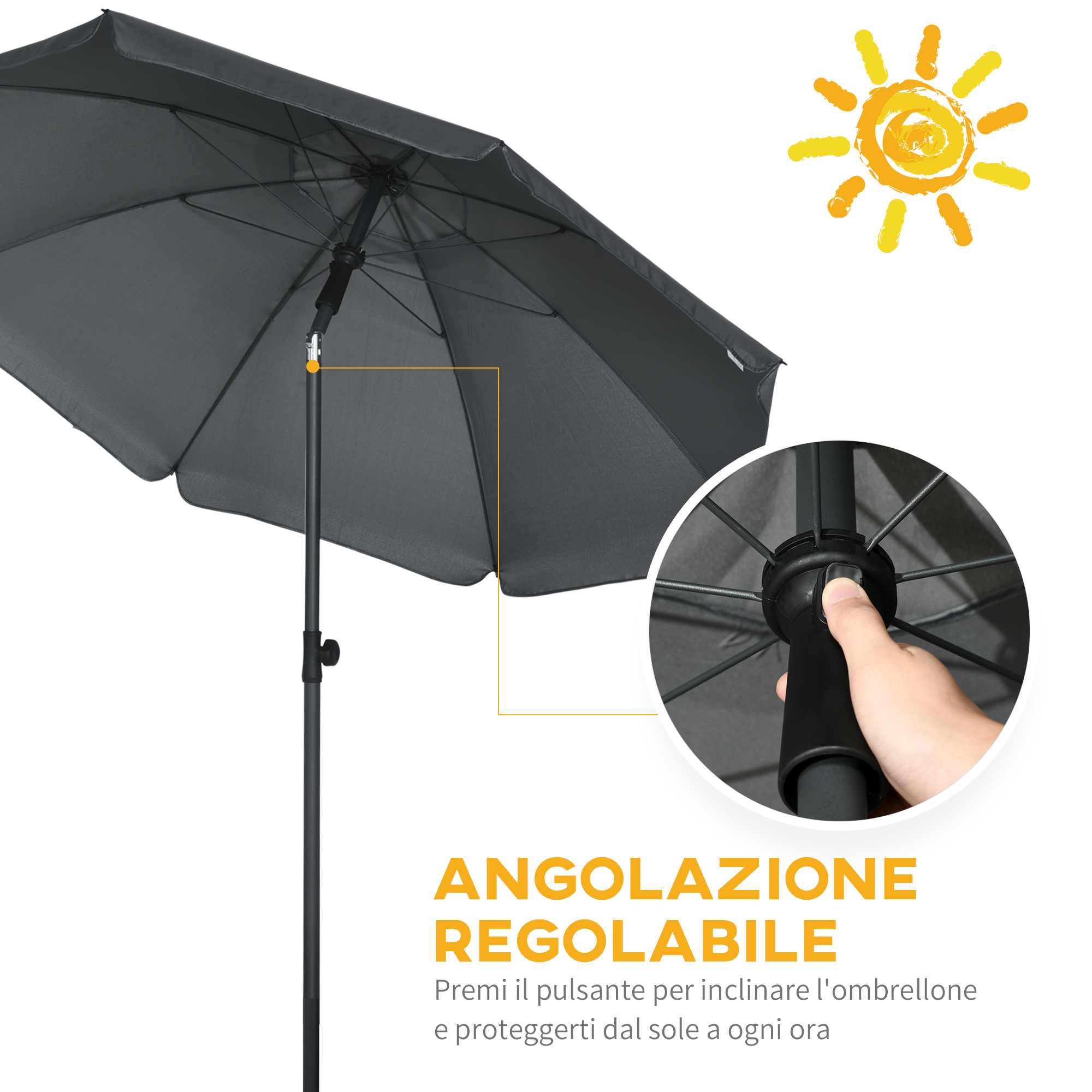 Un ombrellone grigio con inclinazione regolabile e un sole.