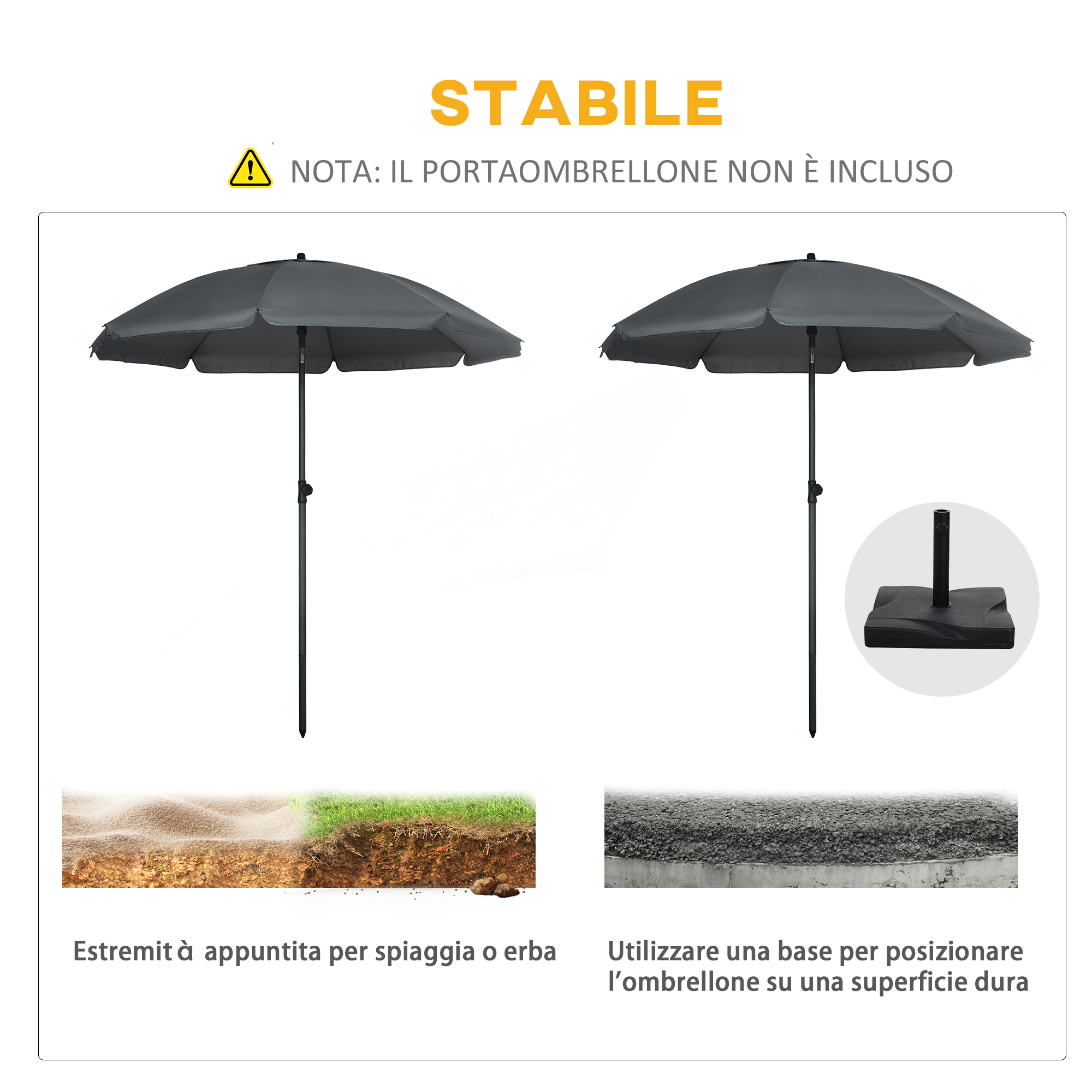 Ombrellone grigio su due display, uno con piede a punta, uno con base.