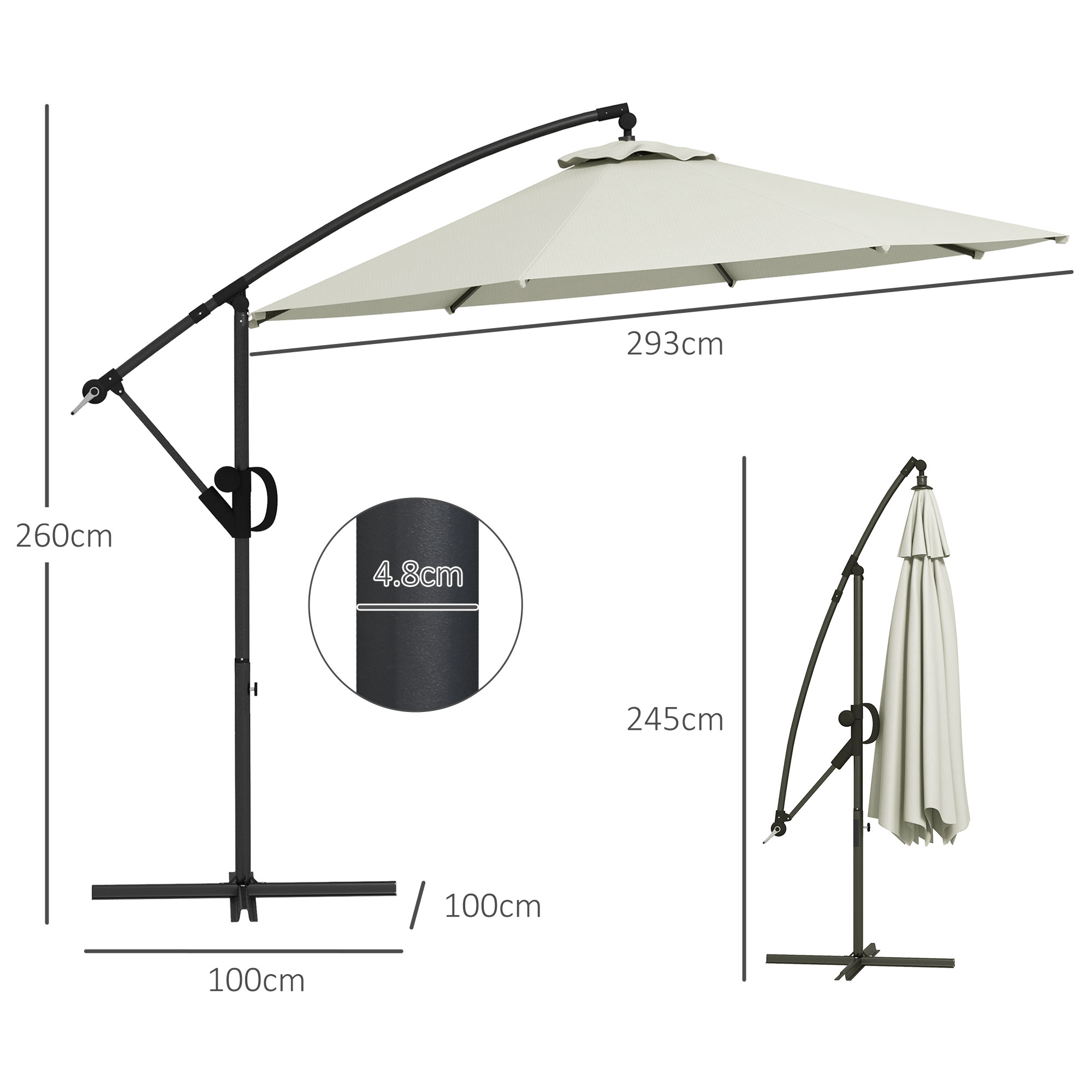 Un ombrellone a sbalzo beige, alto 260cm, largo 293cm, con base 100cm.