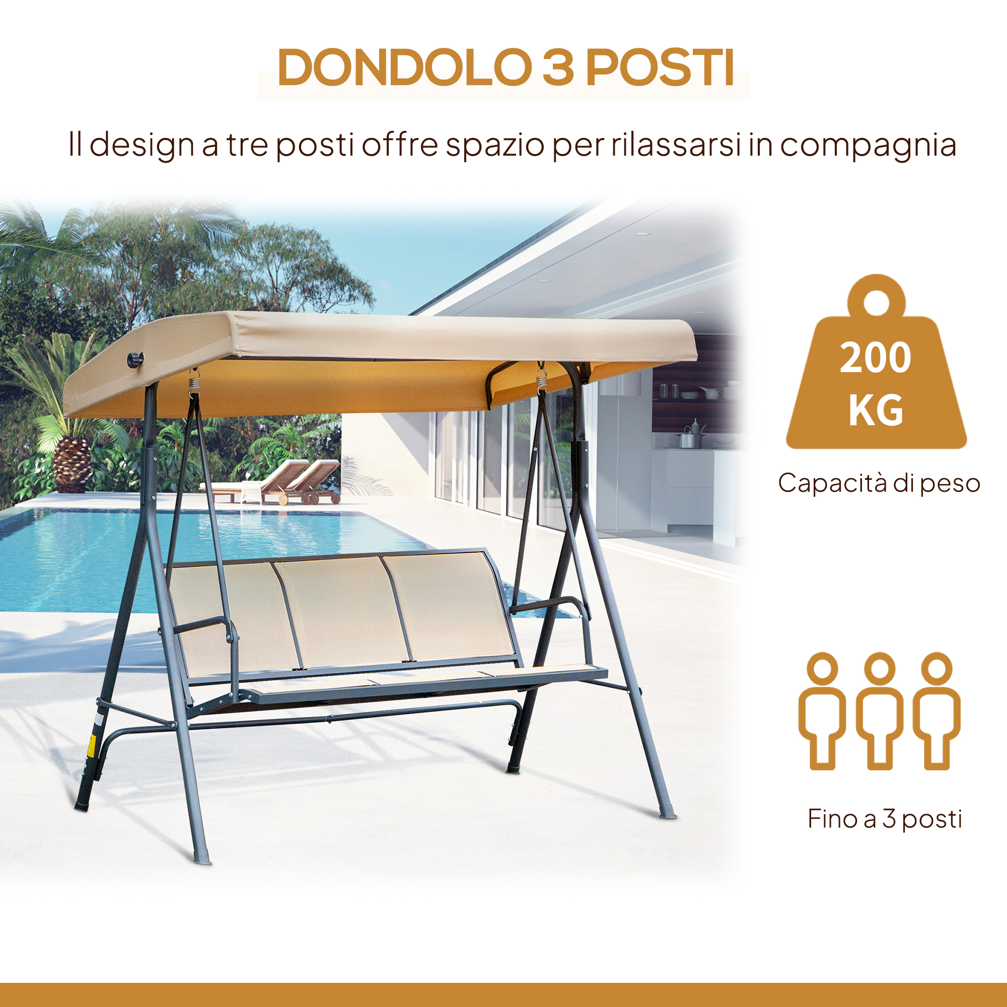 Un dondolo beige a 3 posti con struttura in metallo accanto a una piscina.