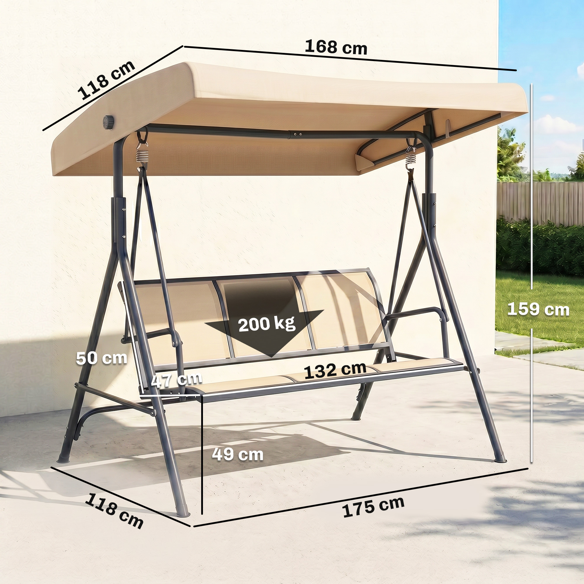 Un'altalena beige a 3 posti con telaio in metallo, dimensioni e capacità 200 kg.