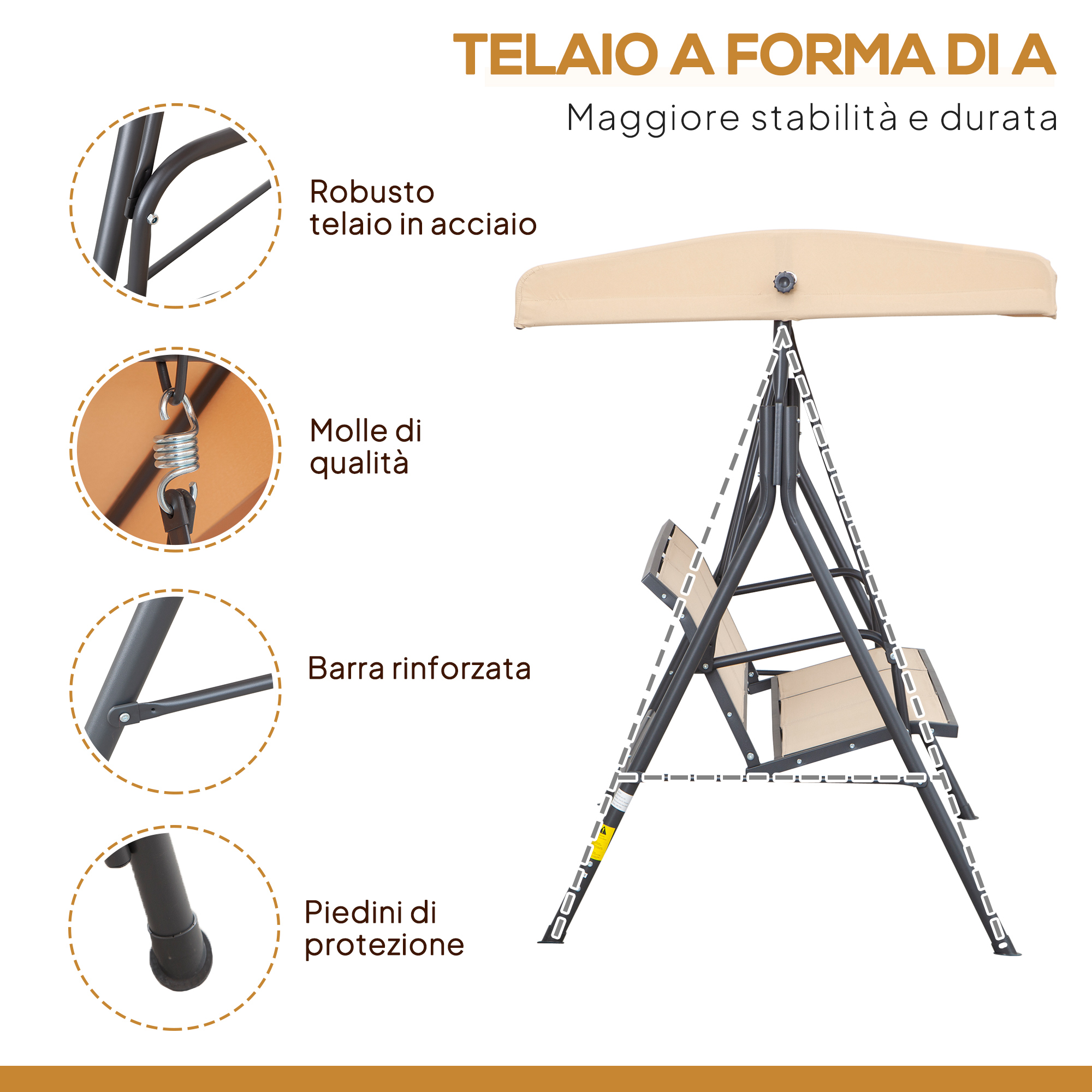 Altalena a telaio A con tettuccio beige e sedute.