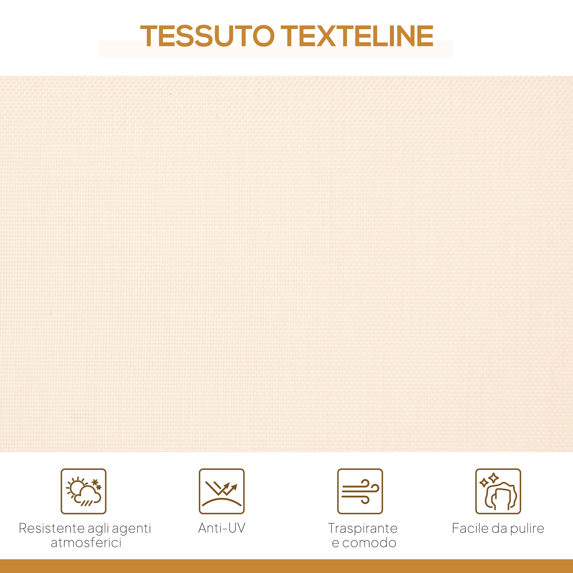 Tessuto Texteline beige con icone: resistenza agenti atmosferici, anti-UV, traspirante, facile pulizia.