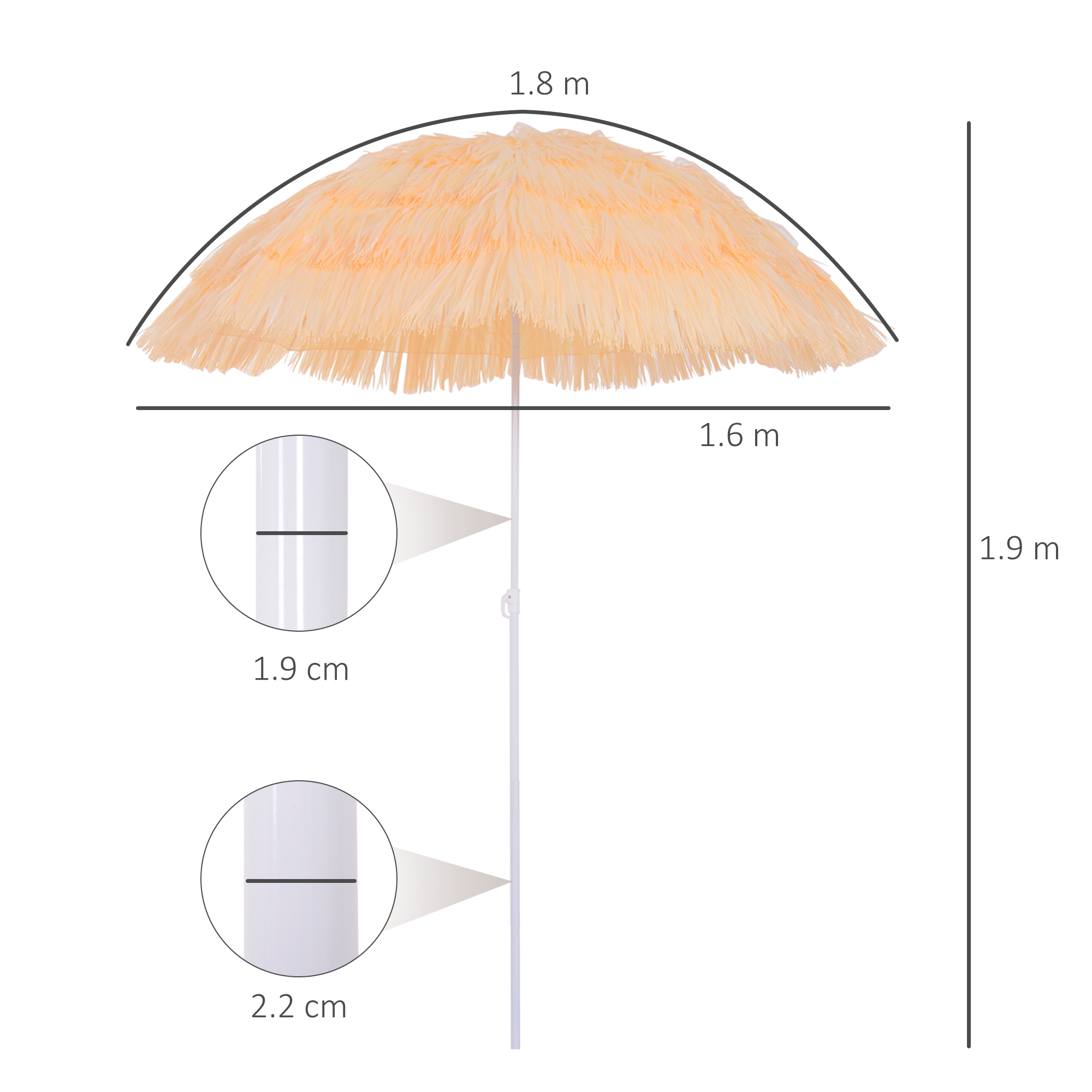 Un parasole arancione con frange, largo 1,8 m e alto 1,9 m.