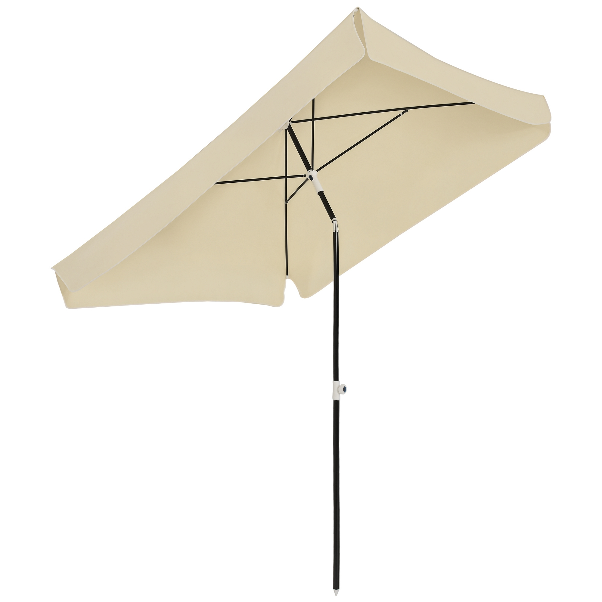Ombrellone rettangolare beige con telaio e palo in metallo nero.