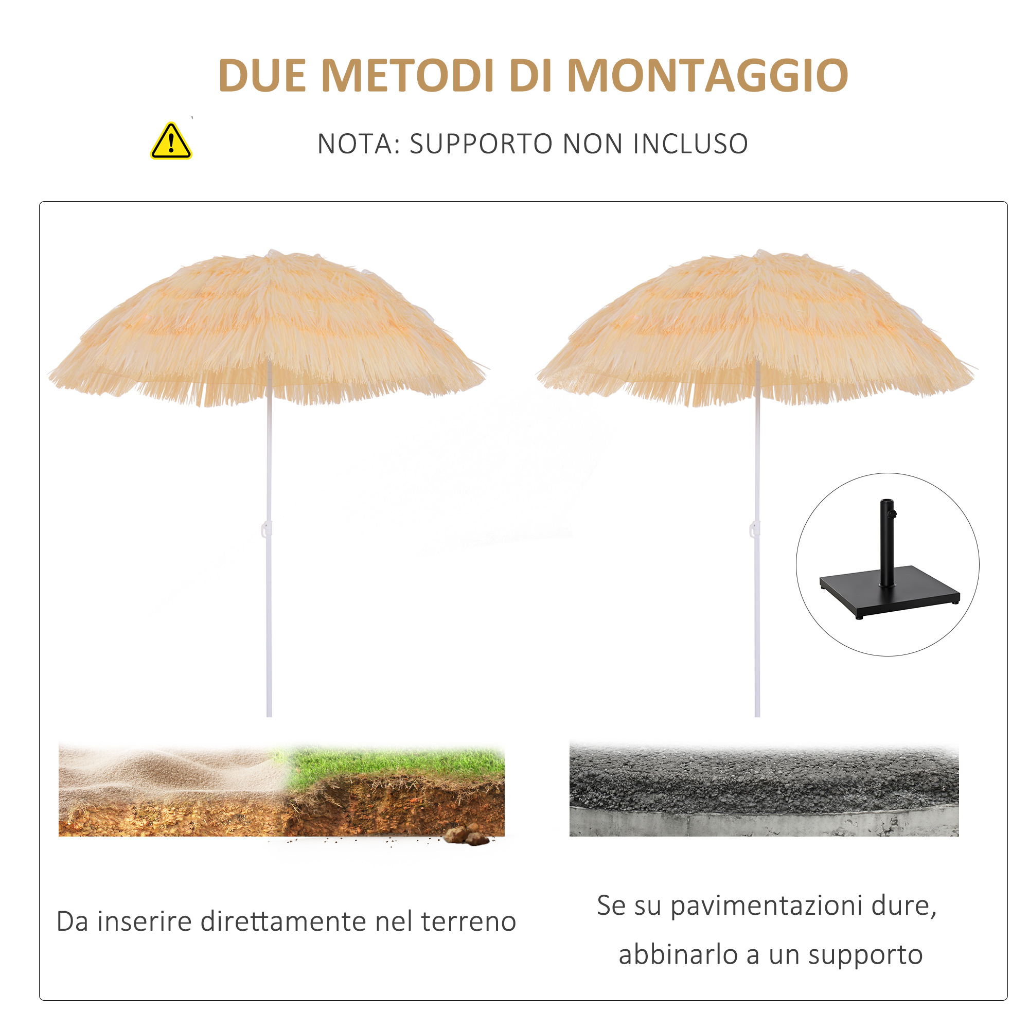 Due ombrelloni, uno nel terreno, uno con supporto. Nota: Supporto non incluso.