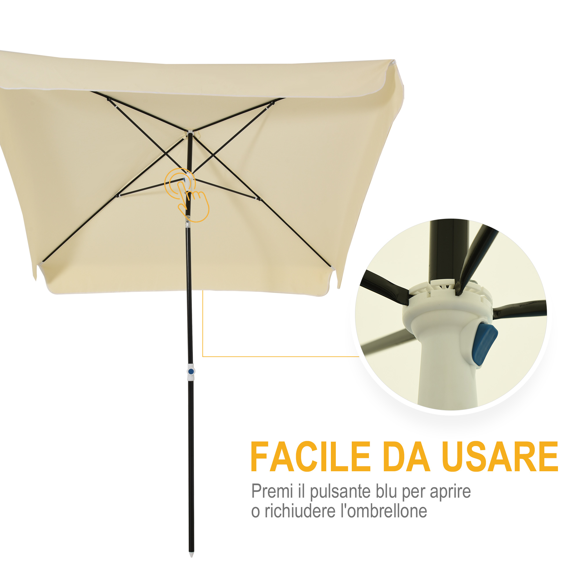 Ombrellone beige con telaio nero e pulsante blu. Primo piano del meccanismo.