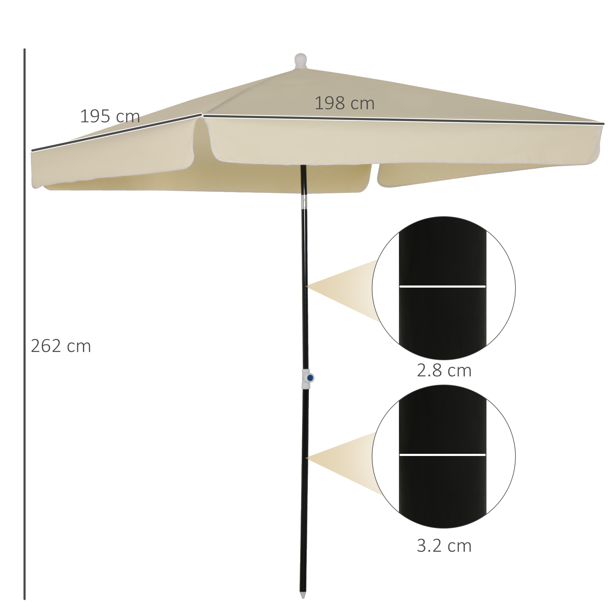 Un ombrellone beige con dimensioni 195 cm, 198 cm, 262 cm e diametri del palo di 2,8 cm, 3,2 cm.