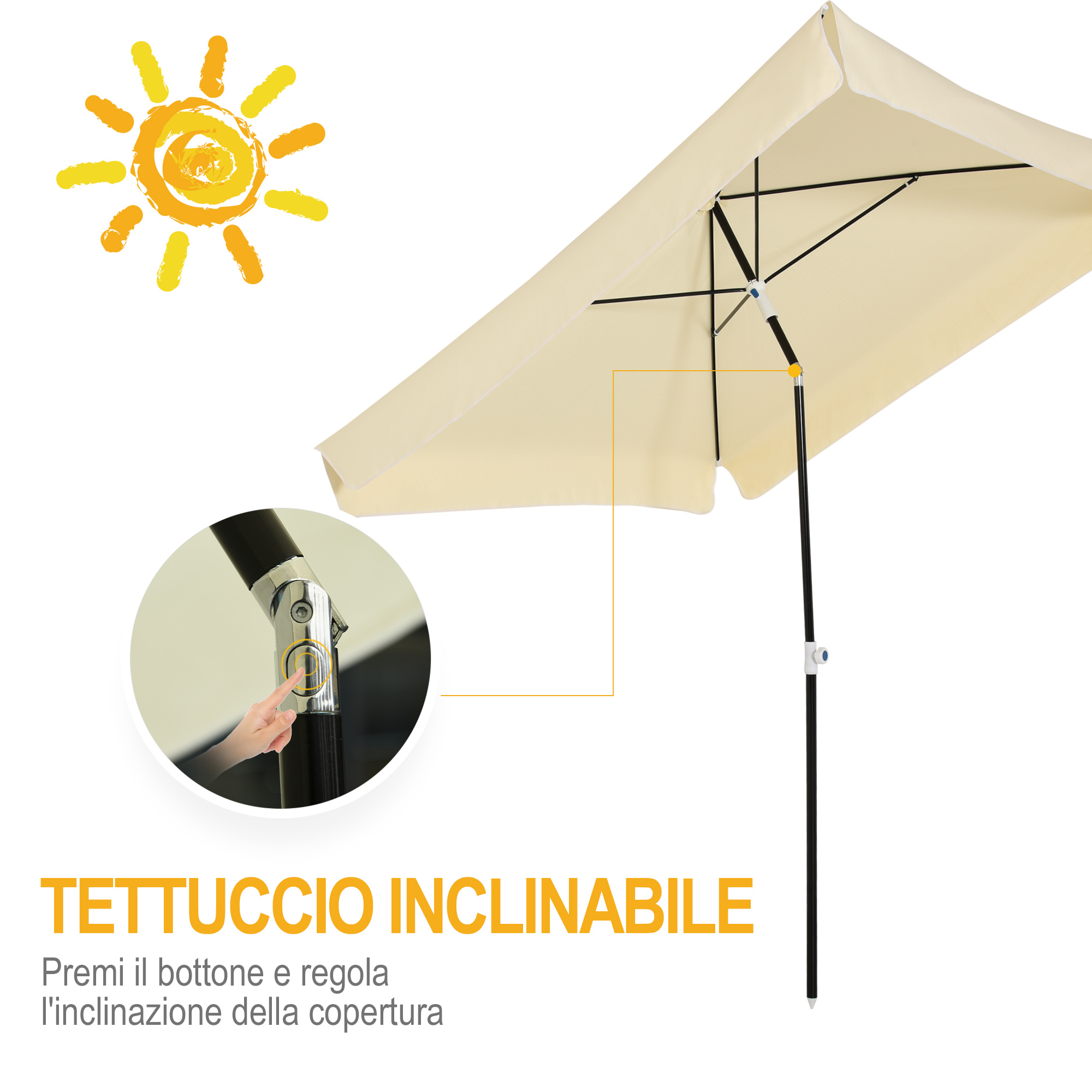 Una tettoia per ombrellone beige con telaio nero e un primo piano di una mano che preme un pulsante.