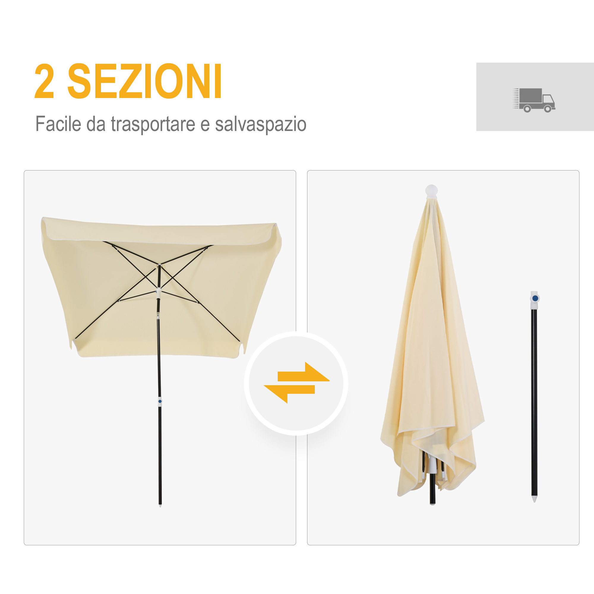 Un ombrellone beige chiaro mostrato aperto e piegato, con icona di un camion.