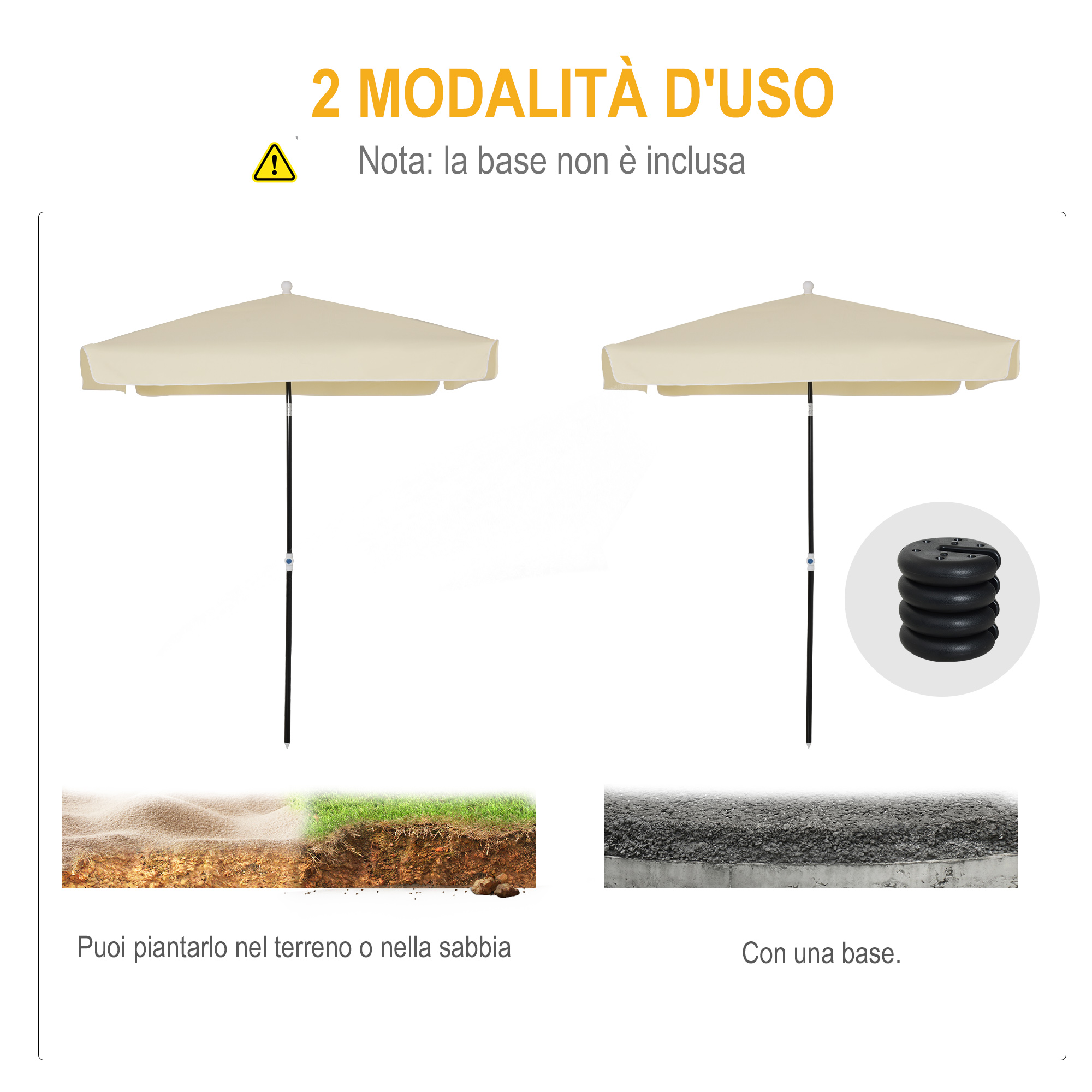 Due ombrelloni: uno nel terreno, uno con base. Copertura beige.