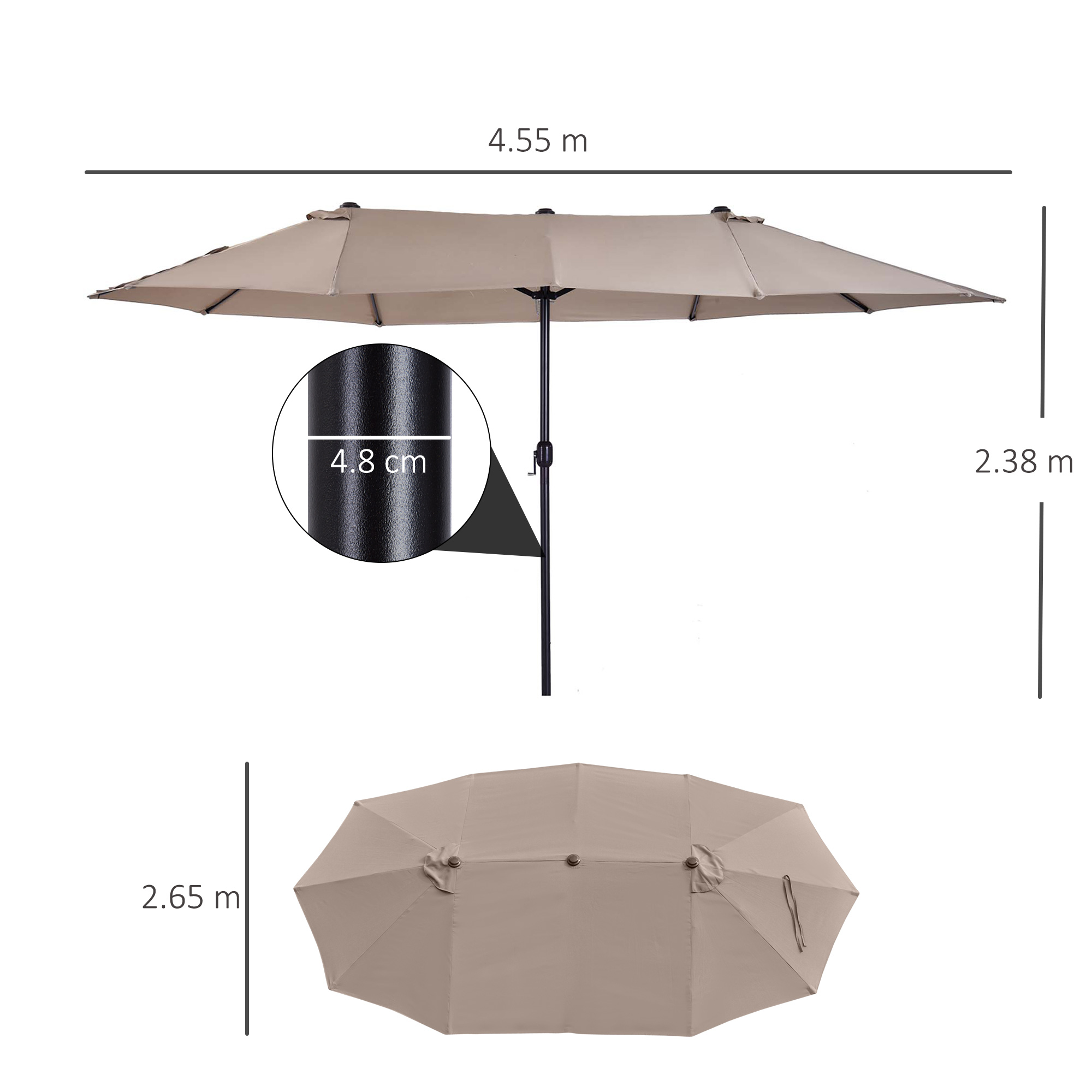 Un ombrellone rettangolare beige con asta in metallo e dimensioni.