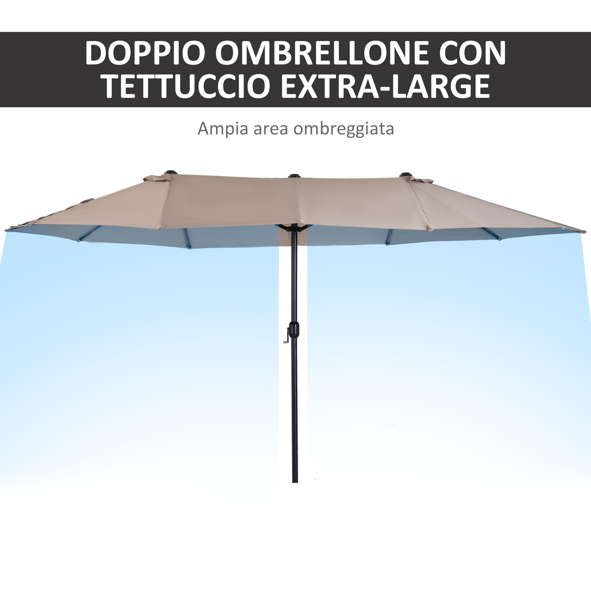 Grande ombrellone doppio rettangolare beige con palo e struttura scuri, che offre ampia zona d'ombra.