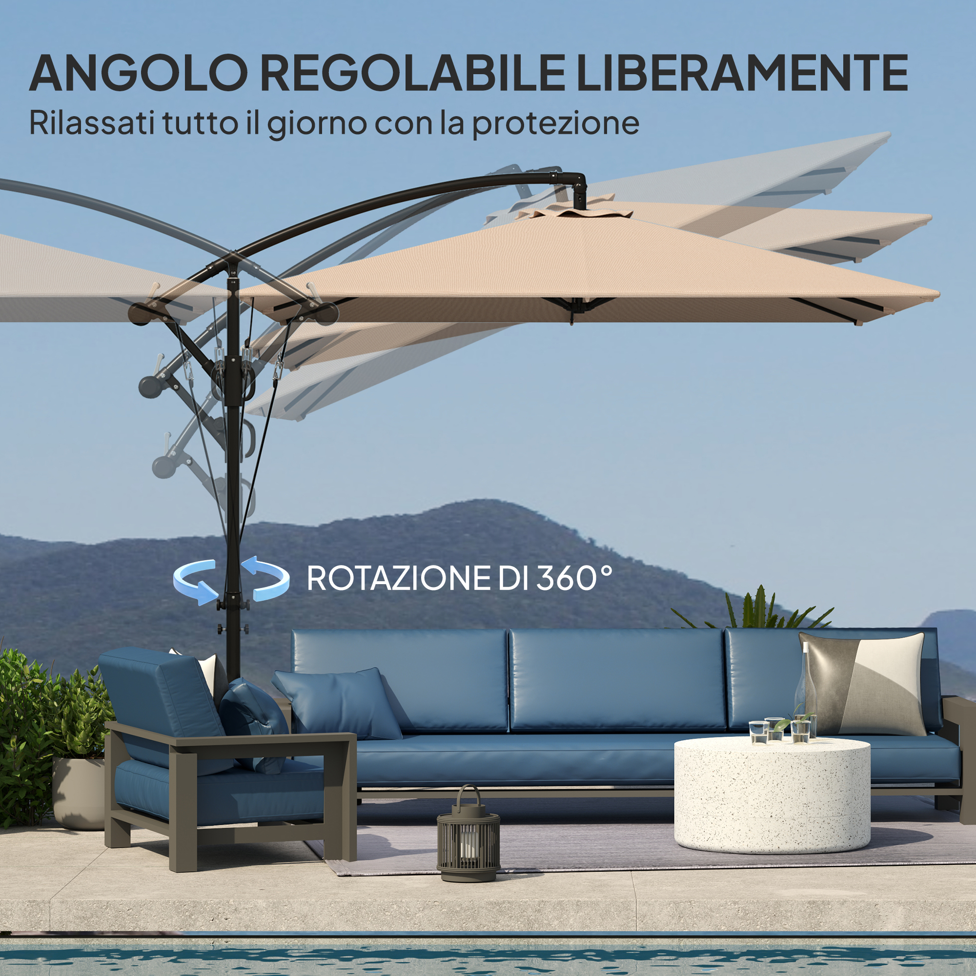 Un grande ombrellone da esterno su un set divano blu e tavolo vicino a una piscina.
