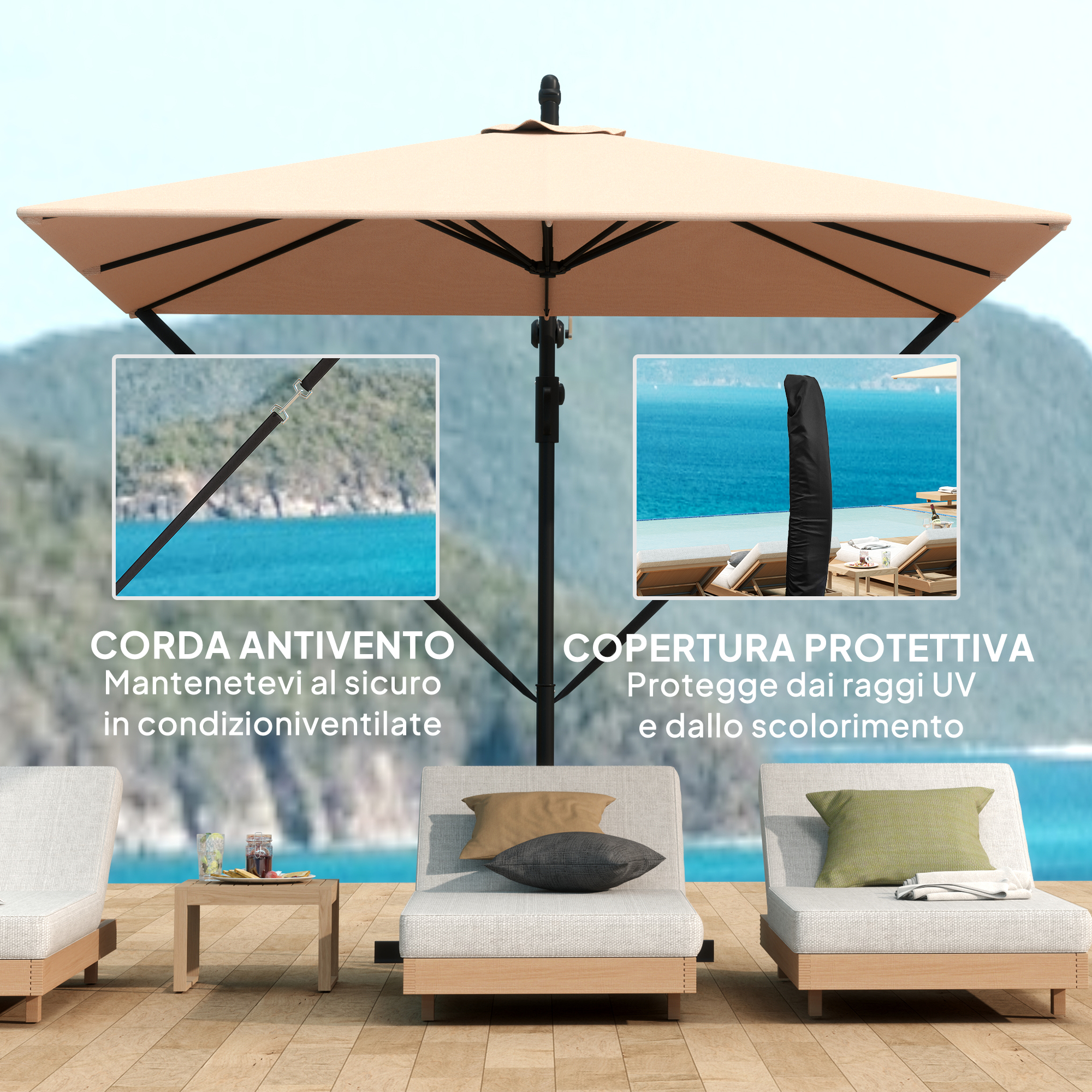 Ombrellone beige con due dettagli, lettini a bordo piscina.