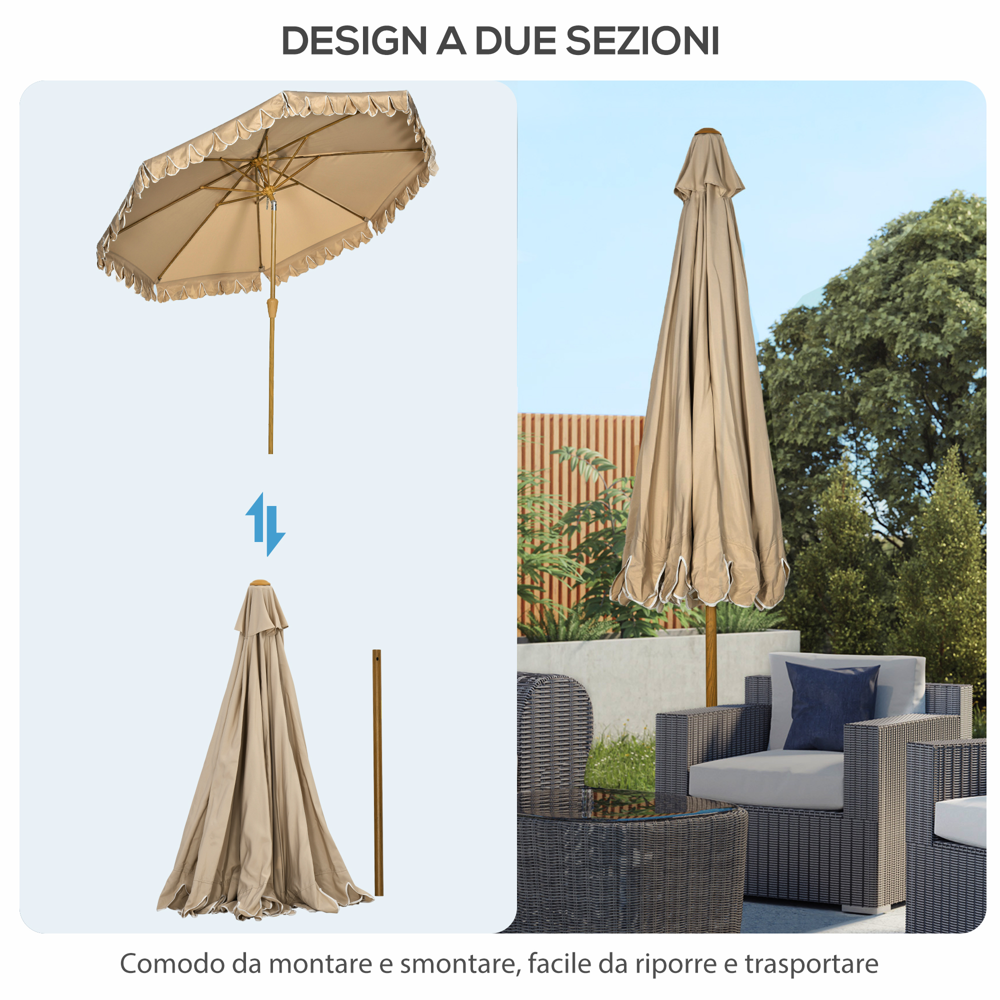 Ombrellone beige, aperto e chiuso, con palo in legno e mobili in rattan.