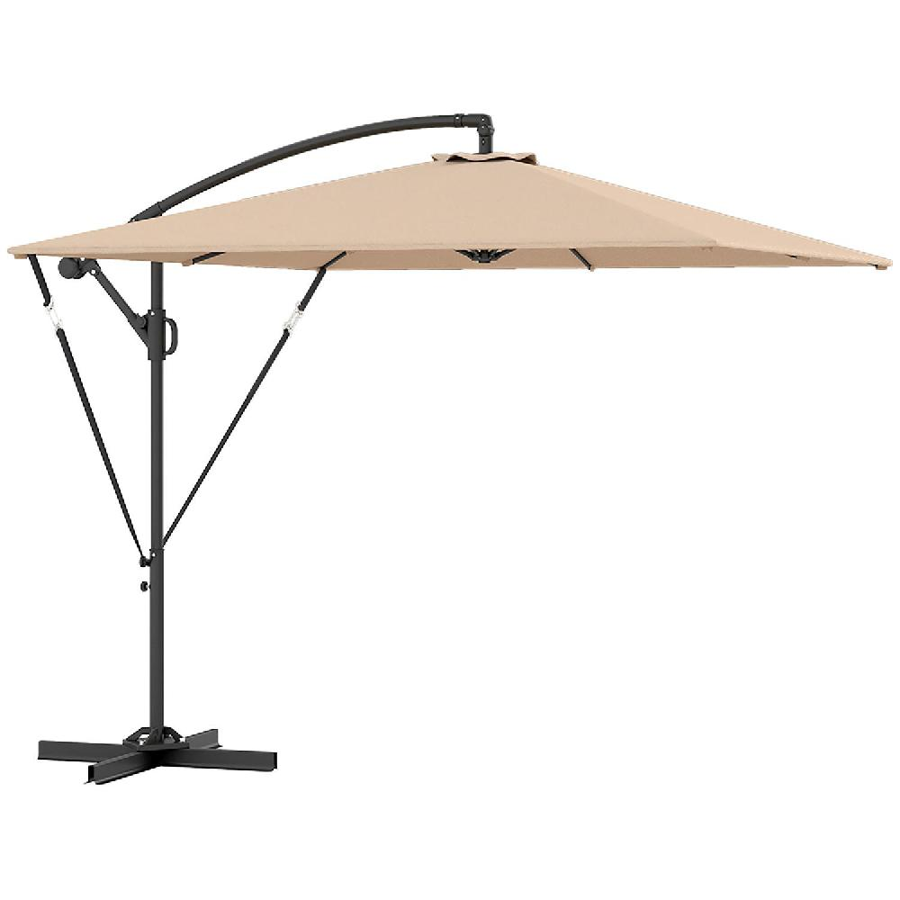 Un ombrellone beige con struttura in metallo nero e base a croce.