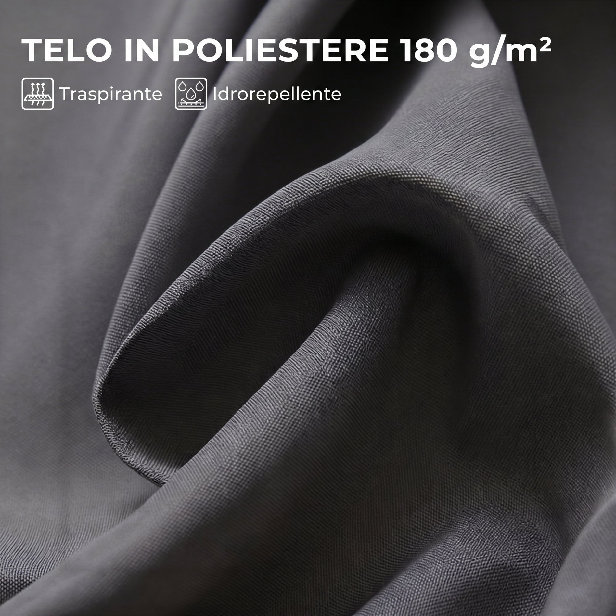 Tessuto poliestere grigio 180 g/m², traspirante e idrorepellente.