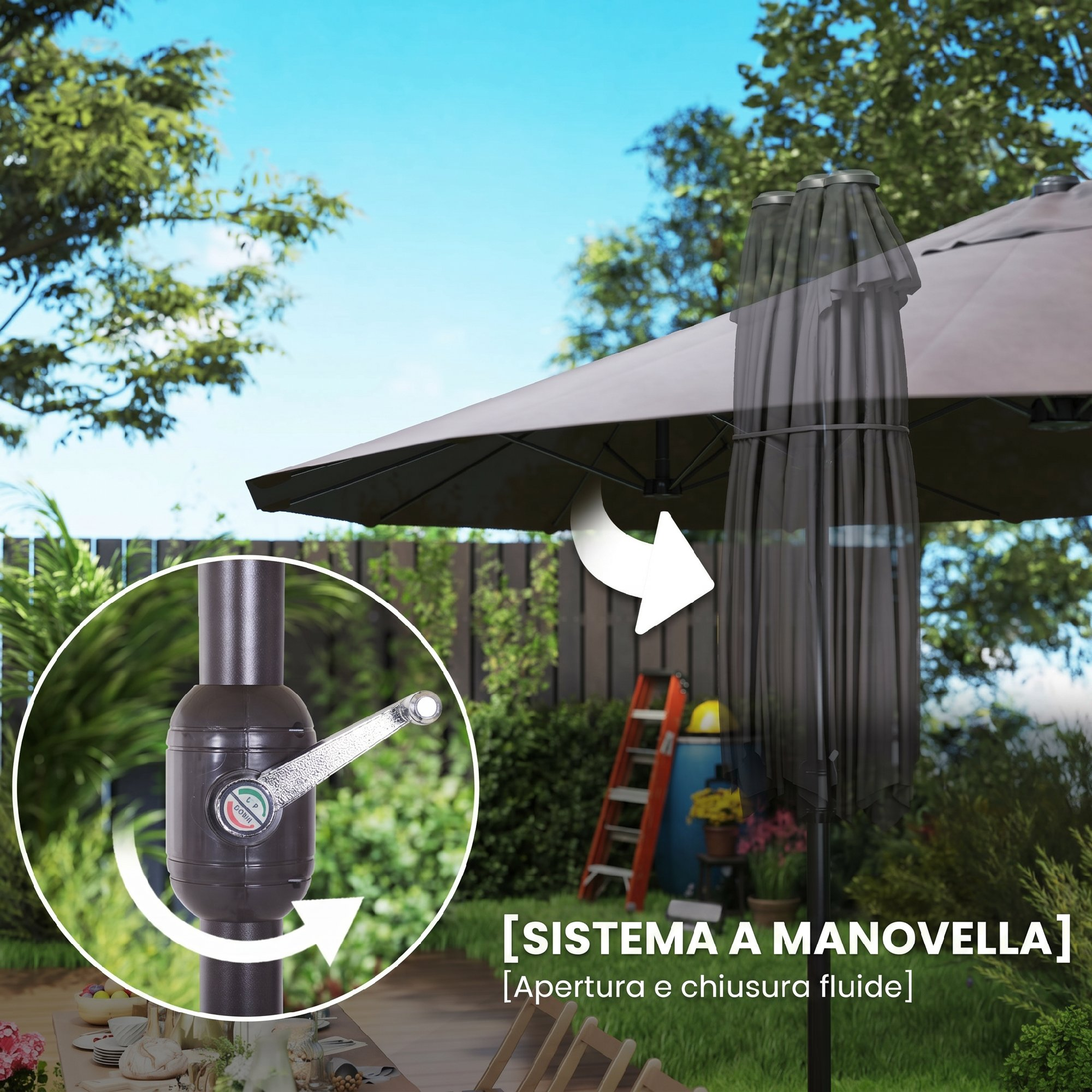 Un ombrellone da esterno con meccanismo a manovella, con un primo piano della manovella.