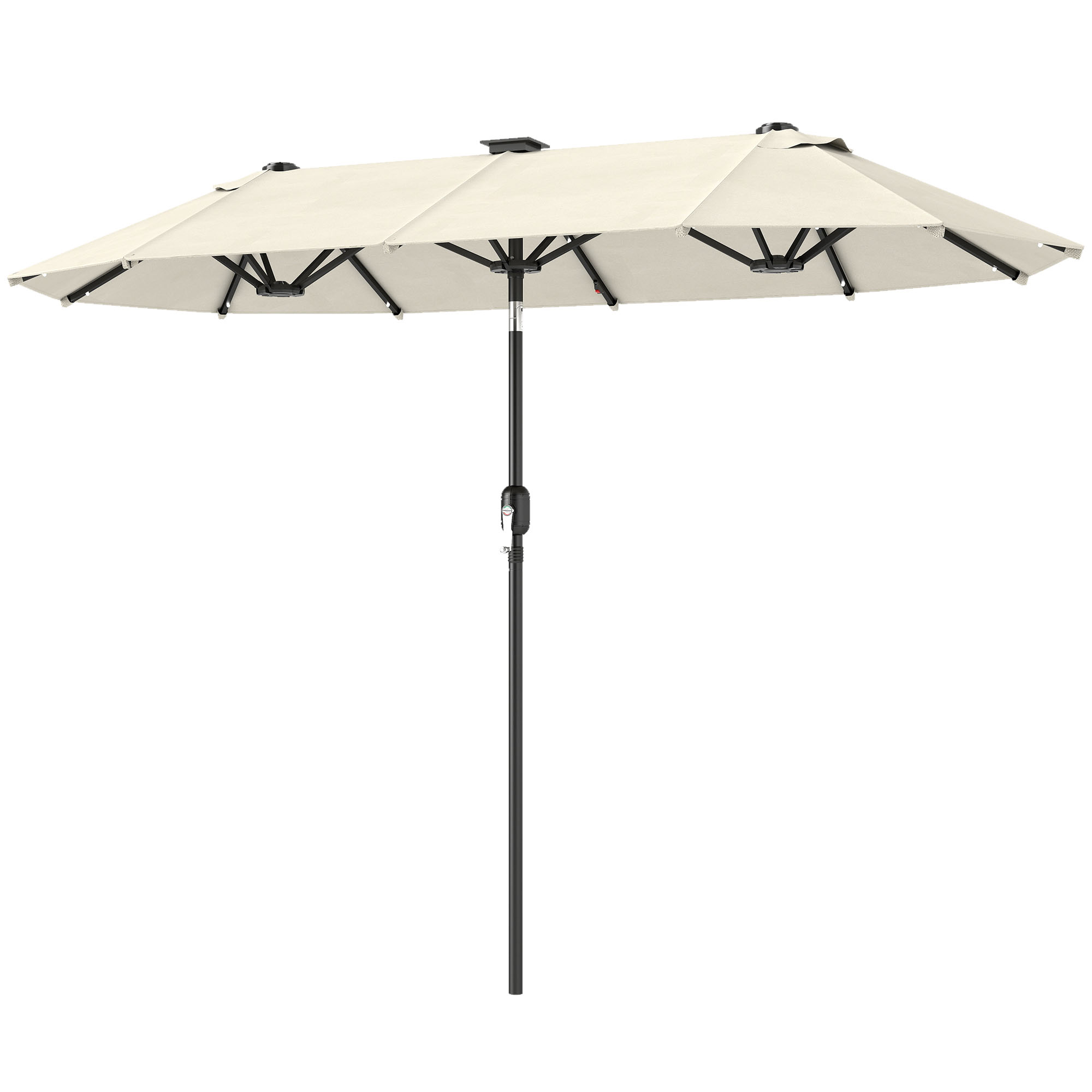 Un ombrellone rettangolare con tessuto beige e telaio nero.
