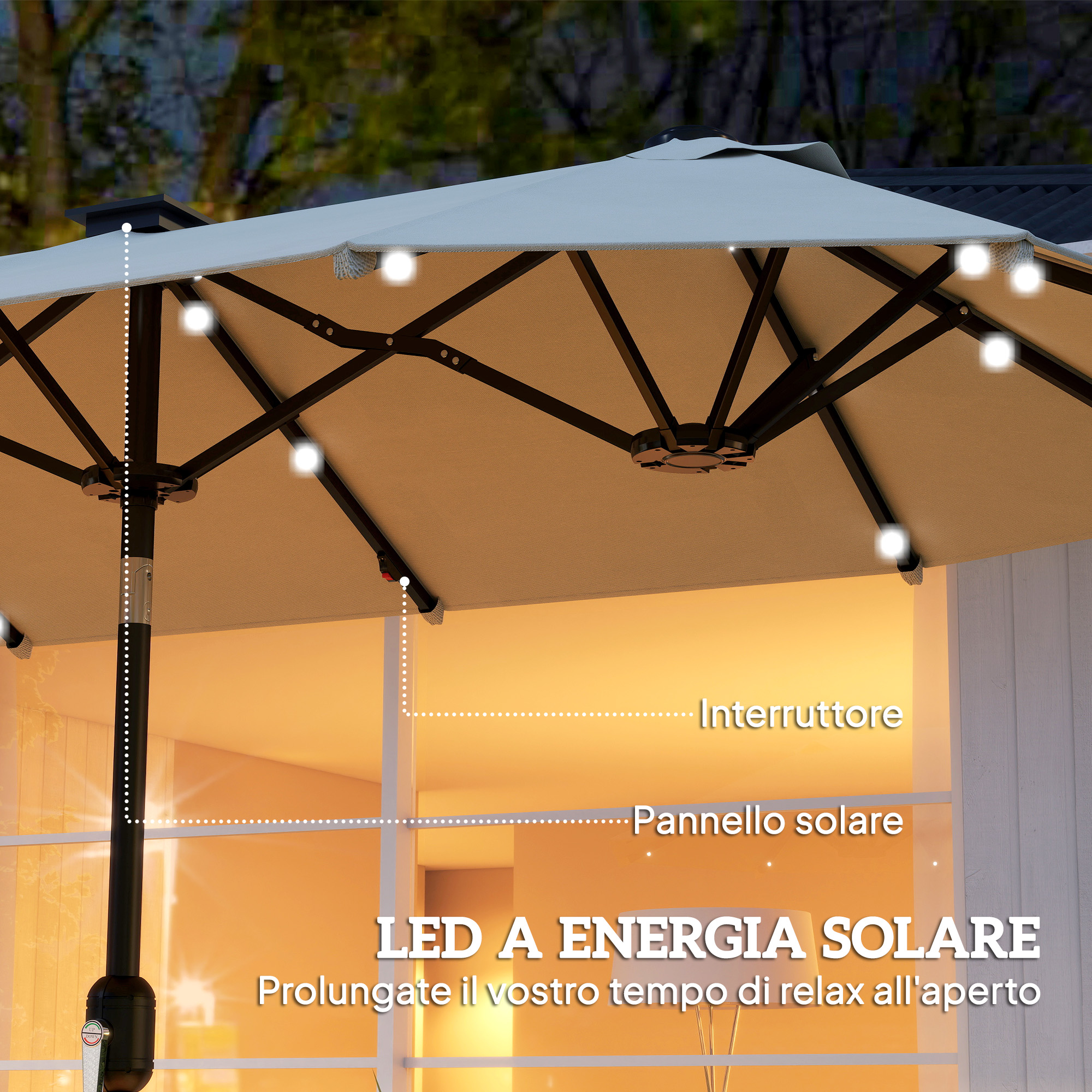 Un ombrellone da esterno con LED integrati e pannello solare, illuminato.